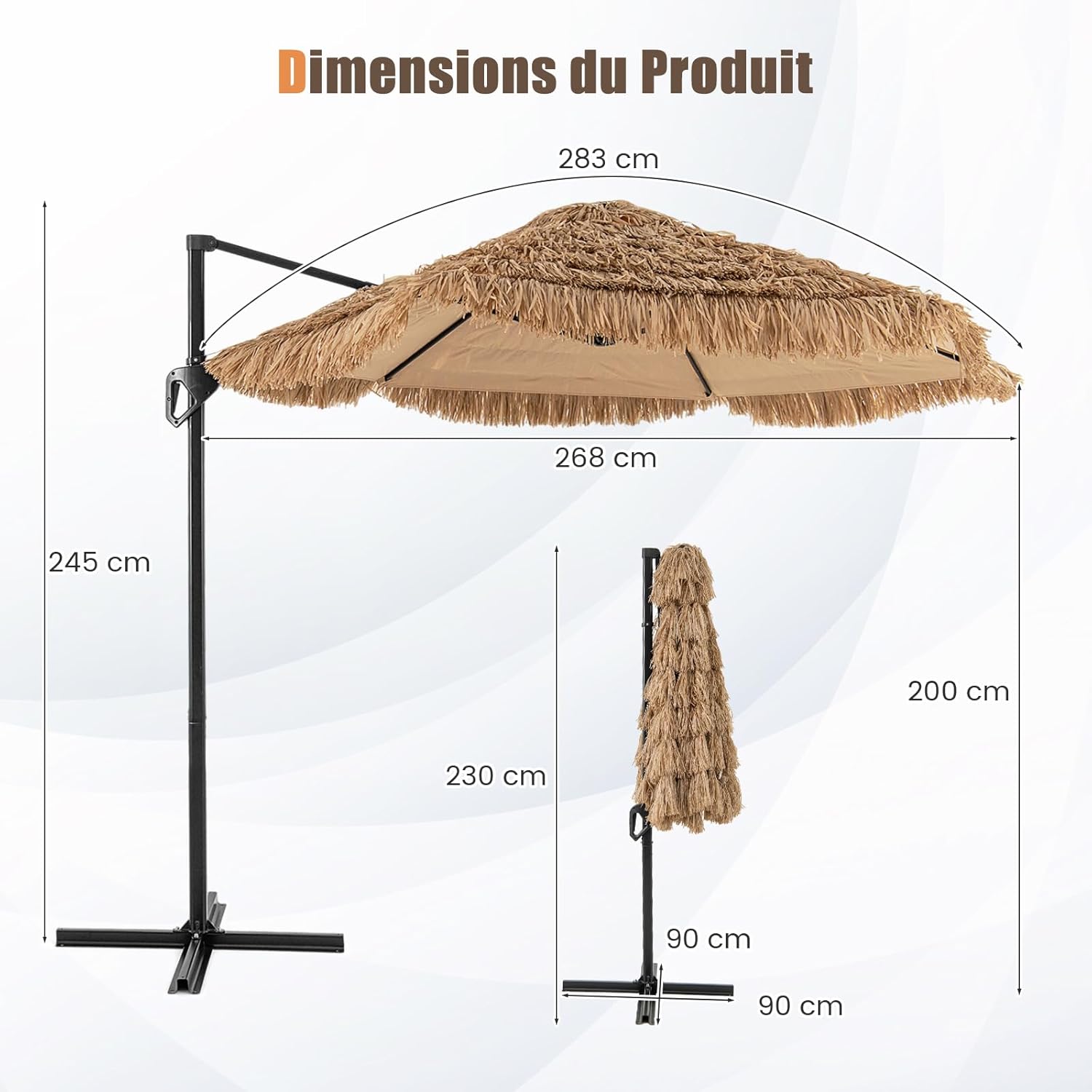 2,7M Parasol Paille en PE, Parasol Déporté Suspendu de Style Hawaïen Tropical, avec Double Toits, 8 Baleines, Base Non Incluse - 6