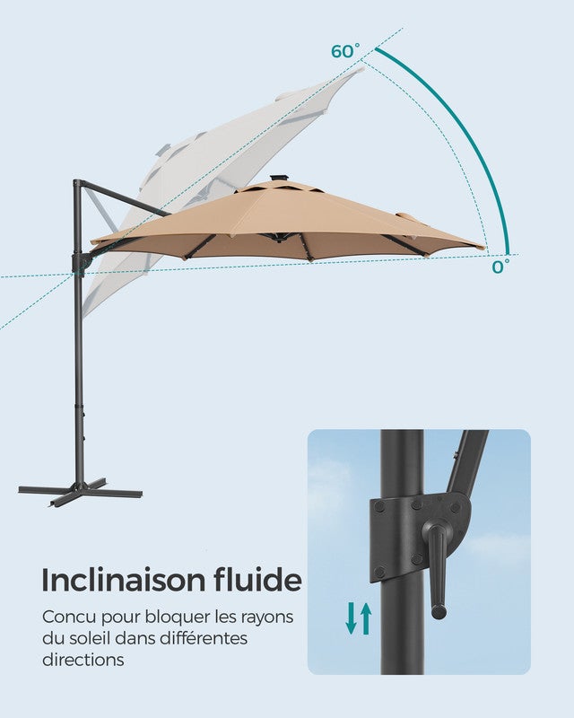 Parasol de Jardin 300 cm, 28 LED Solaires, UPF 50+, Pivotant à 360°, Inclinaison Fluide, Manivelle, avec Base en Croix, Marron Chameau - 6