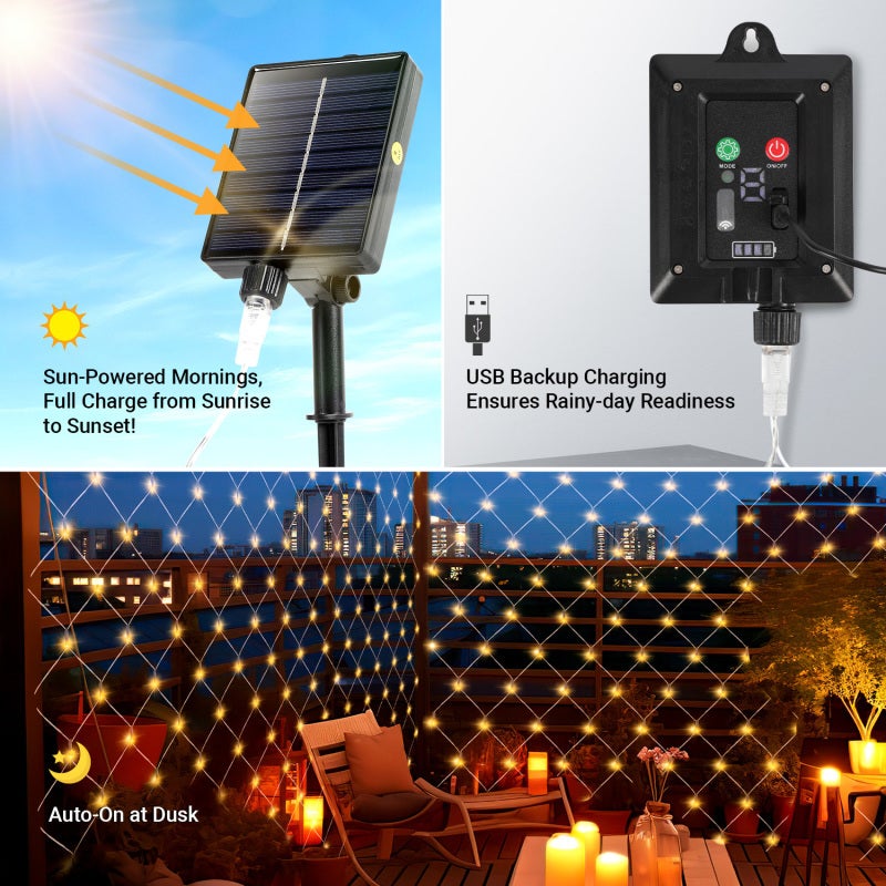 3x2M Filet Lumineux Solaire Blanc chaud Chaîne lumineuse avec 8 modes Rideau lumineux de Noël intérieur extérieur - 5