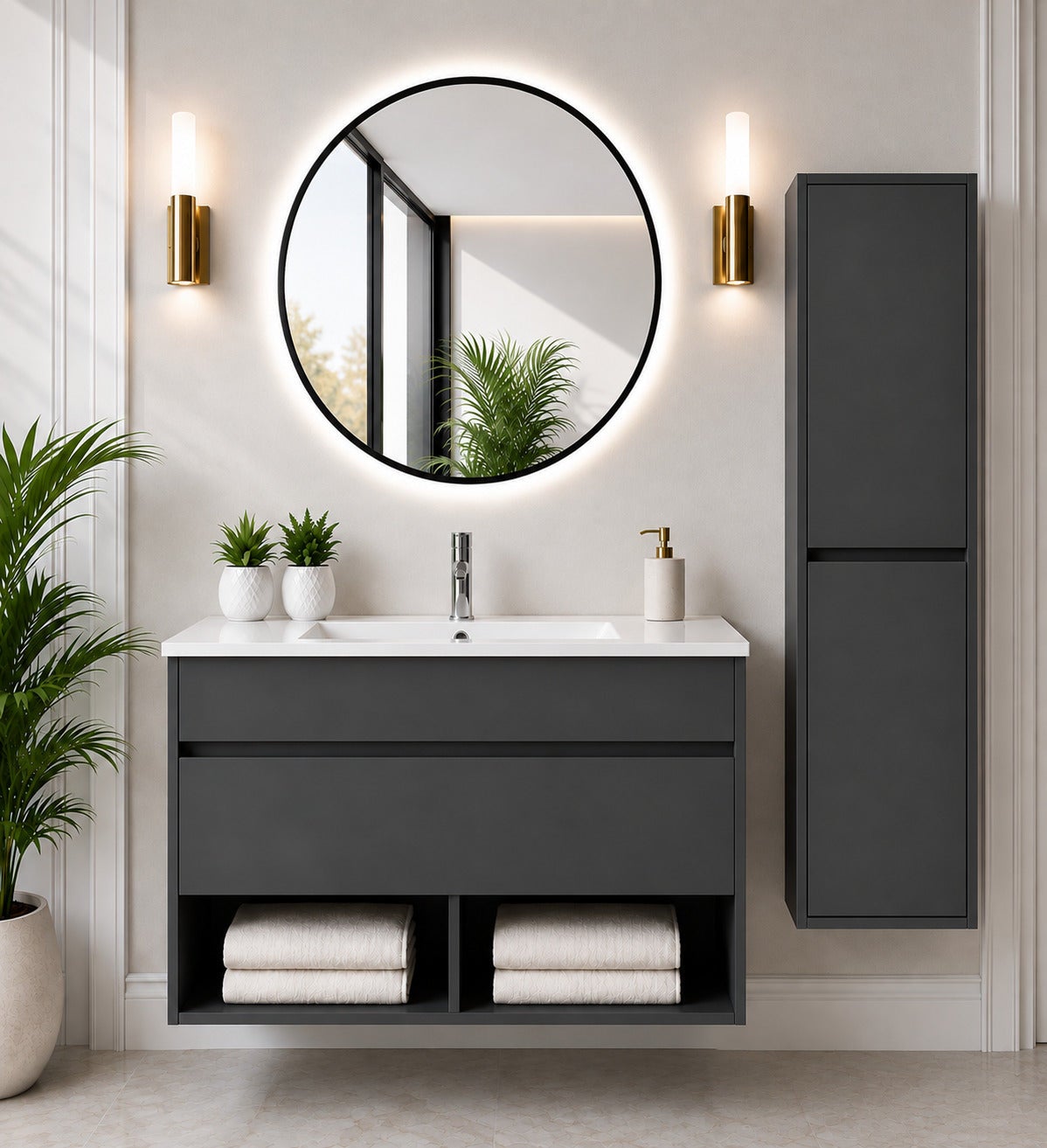 Mobilier de baie suspendat cu lavoar ORIGENBATH NEBARI cu sertar cu coloană 120x45 cm grafito cu coloană