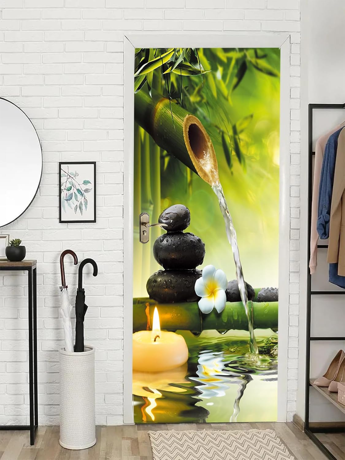 Naklejka na drzwi 3D z zielonym bambusowym krajobrazem do kuchni, sypialni, łazienki, samoprzylepna, zdejmowana, 77 x 200 cm