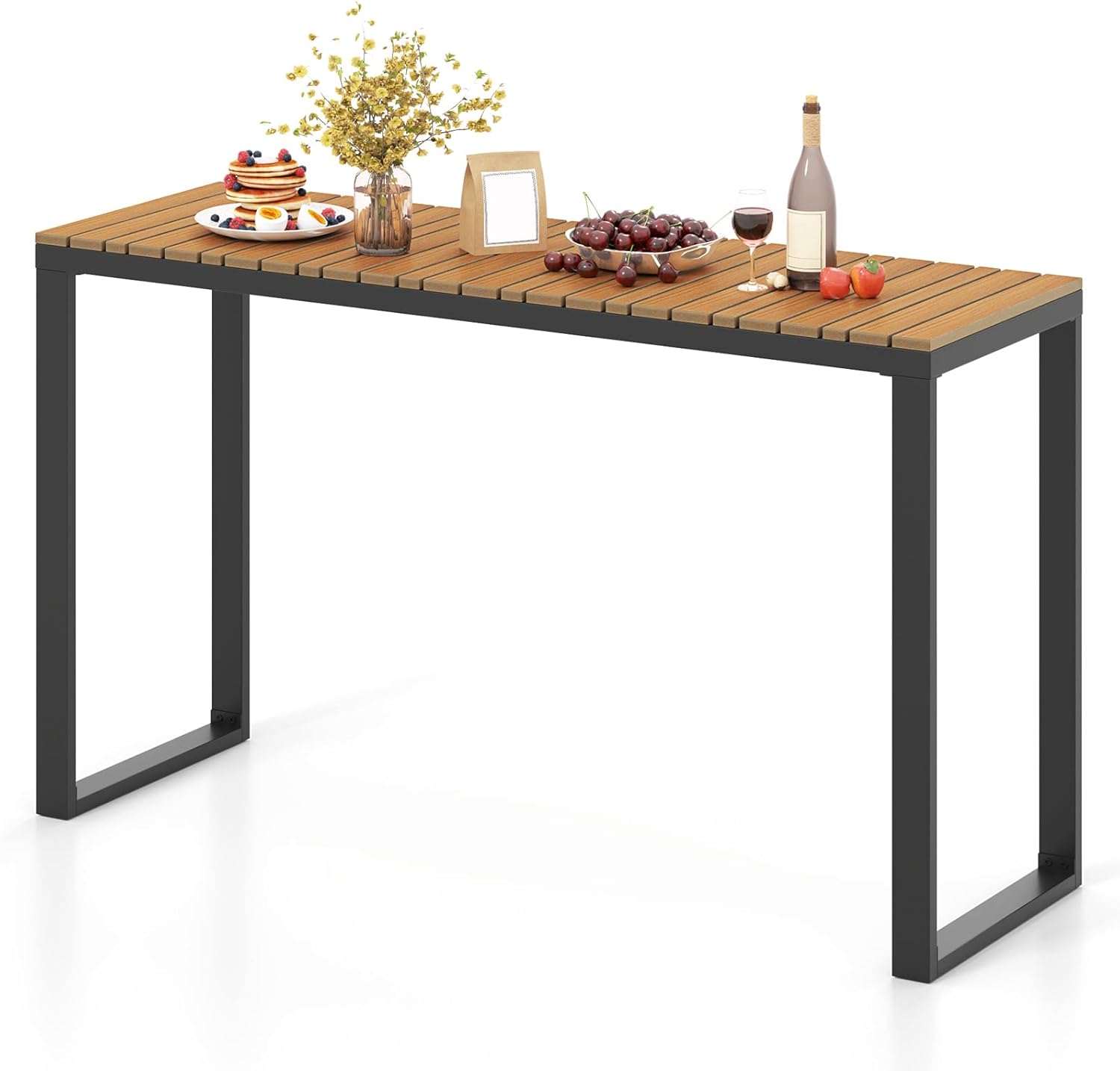 Table Bar Extérieur GOPLUS 129x42x75cm - Console Jardin Métal Résistante, Plateau Lattes, Charge 60kg, Idéale Terrasse Et Cour