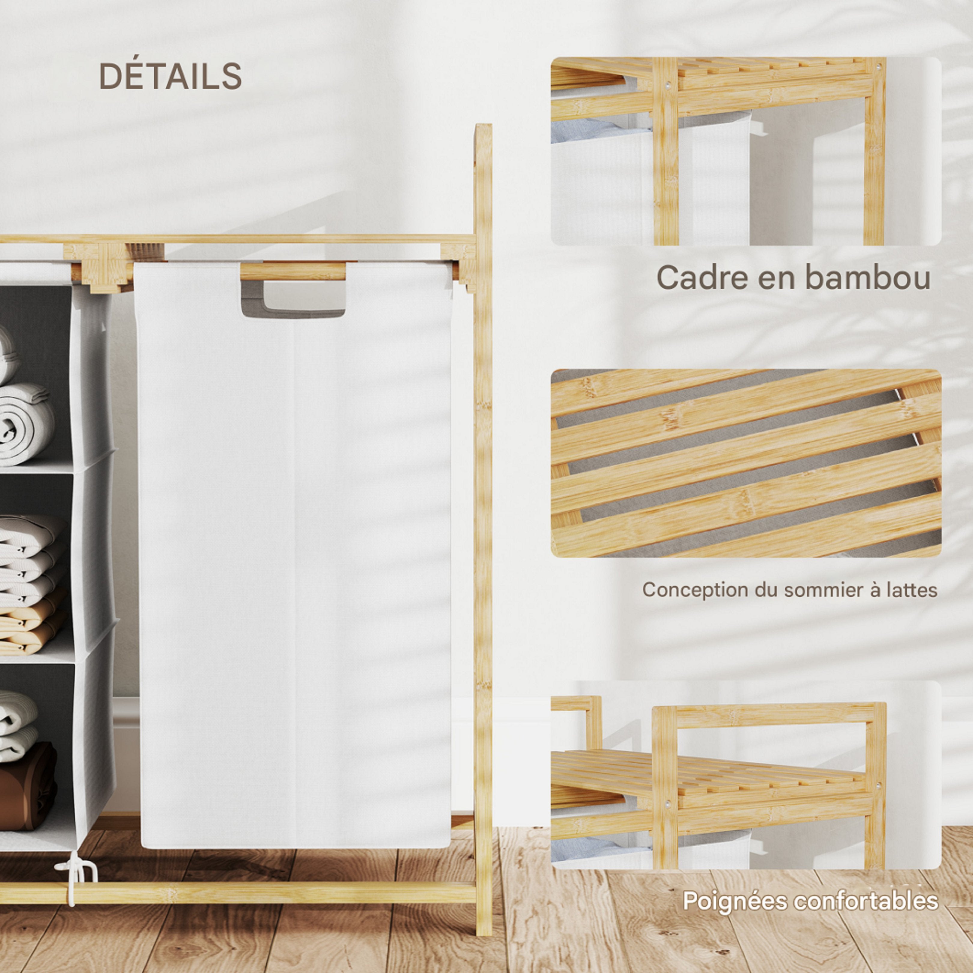 Cesto para Ropa HOMCOM 4 Compartimentos, 2 Bolsas de Tela Extraíbles y Deslizantes, Estructura de Bambú, 70 x 36 x 70 cm, 83L, Blanco - 7
