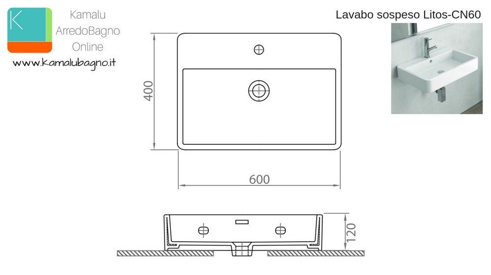 Lavabo bagno sospeso 60 cm in ceramica bianca | Litos-CN60 kamalu - 5