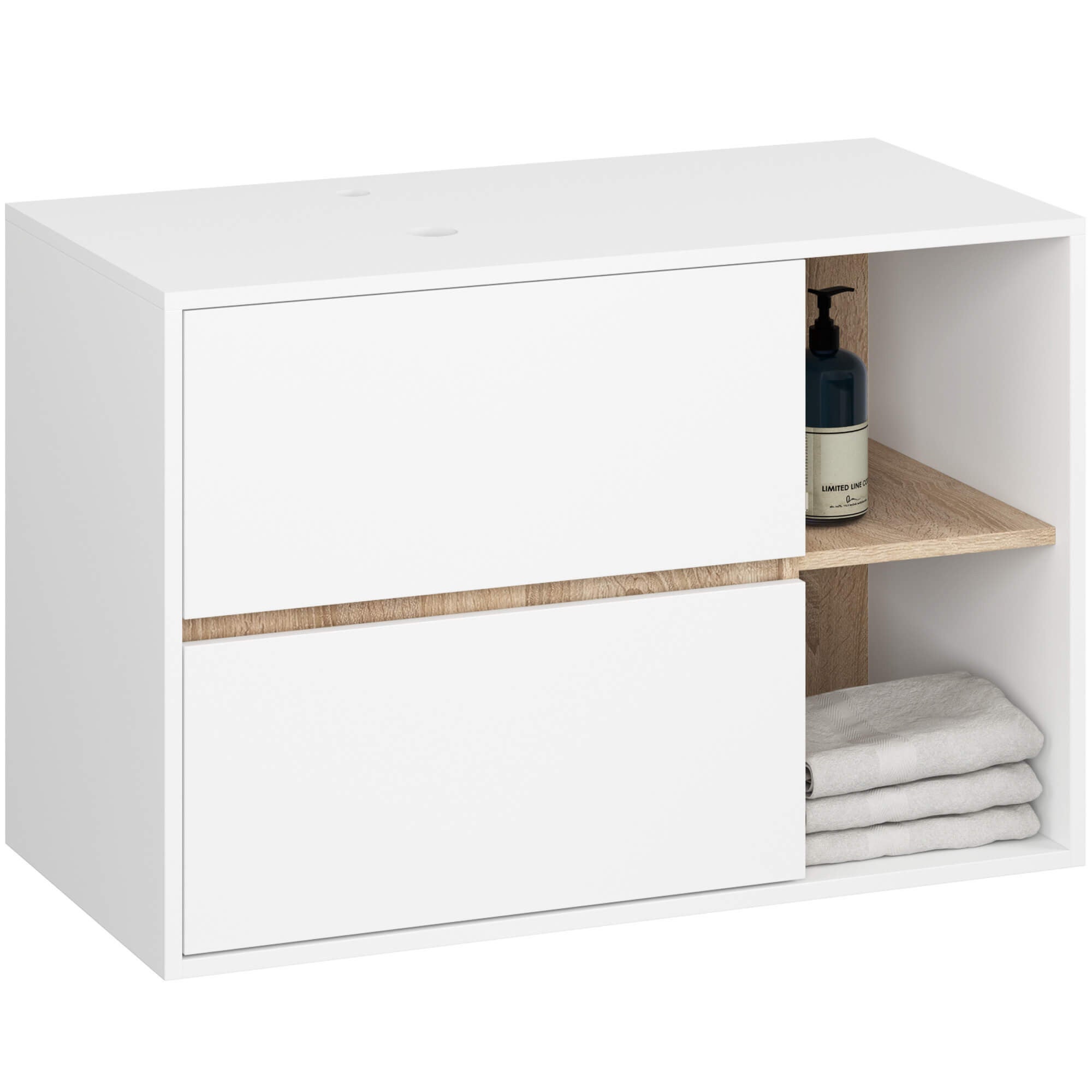 Szafka łazienkowa pod umywalkę z otworami AKORD VAMI Biała, Dąb Sonoma 90 cm 2 szuflady 2 półki 90x60x45,5 cm