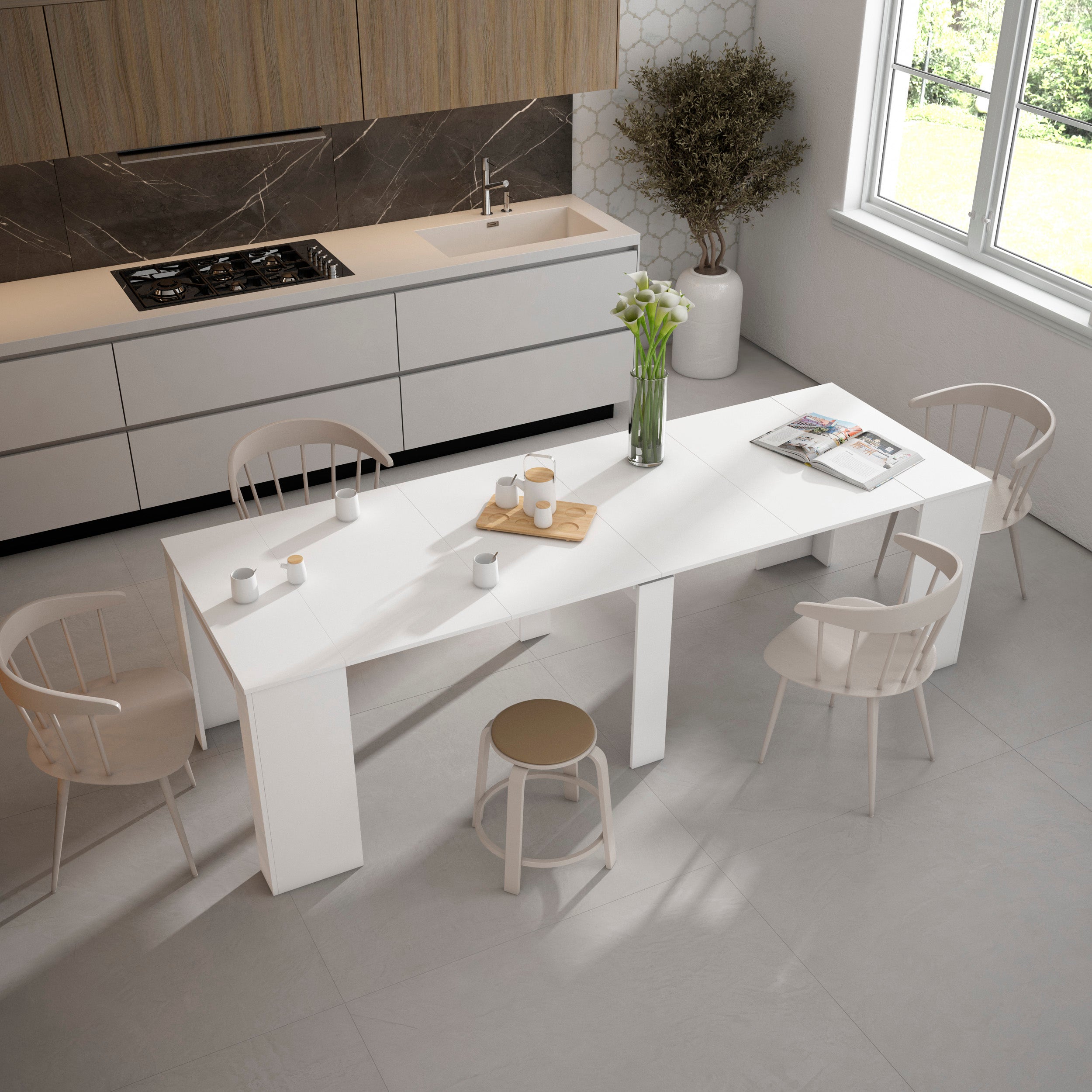 Mesa Consola extensible, 262x90x77cm, Para 12 comensales, Comedor y cocina, Blanco - 2
