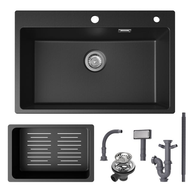 Cecipa max Lavello Cucina 1 Vasca 70×45 CM Lavello Cucina in Granito Nero con Scarico a Cestello, Lavello da Appoggio