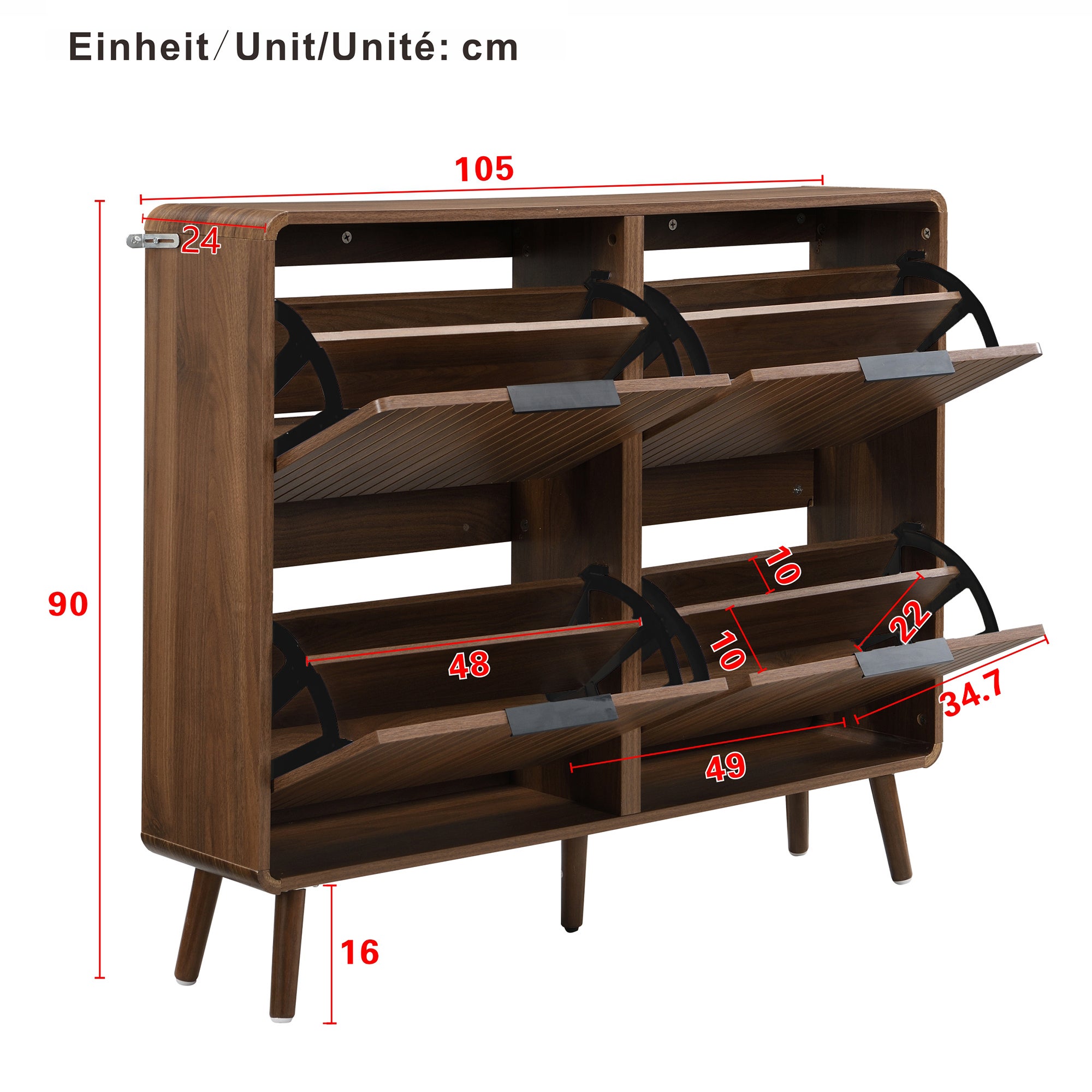 Meuble à chaussures avec 4 portes rabattables - 105 x 24 x 90 cm - Contenir 18 à 24 paires - MDF - Noyer - 5