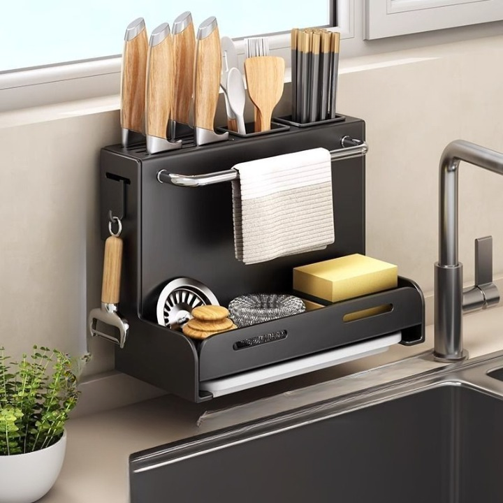 Stojak na noże kuchenne, uchwyt do przechowywania noży i pałeczek, bez wiercenia, montowany na ścianie, z tacką ociekową – 28,7 × 21 × 15 cm – czarny