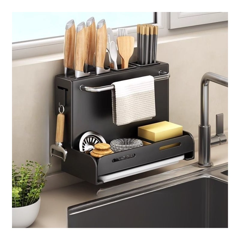 Stojak na noże kuchenne, uchwyt do przechowywania noży i pałeczek, bez wiercenia, montowany na ścianie, z tacką ociekową – 28,7 × 21 × 15 cm – czarny