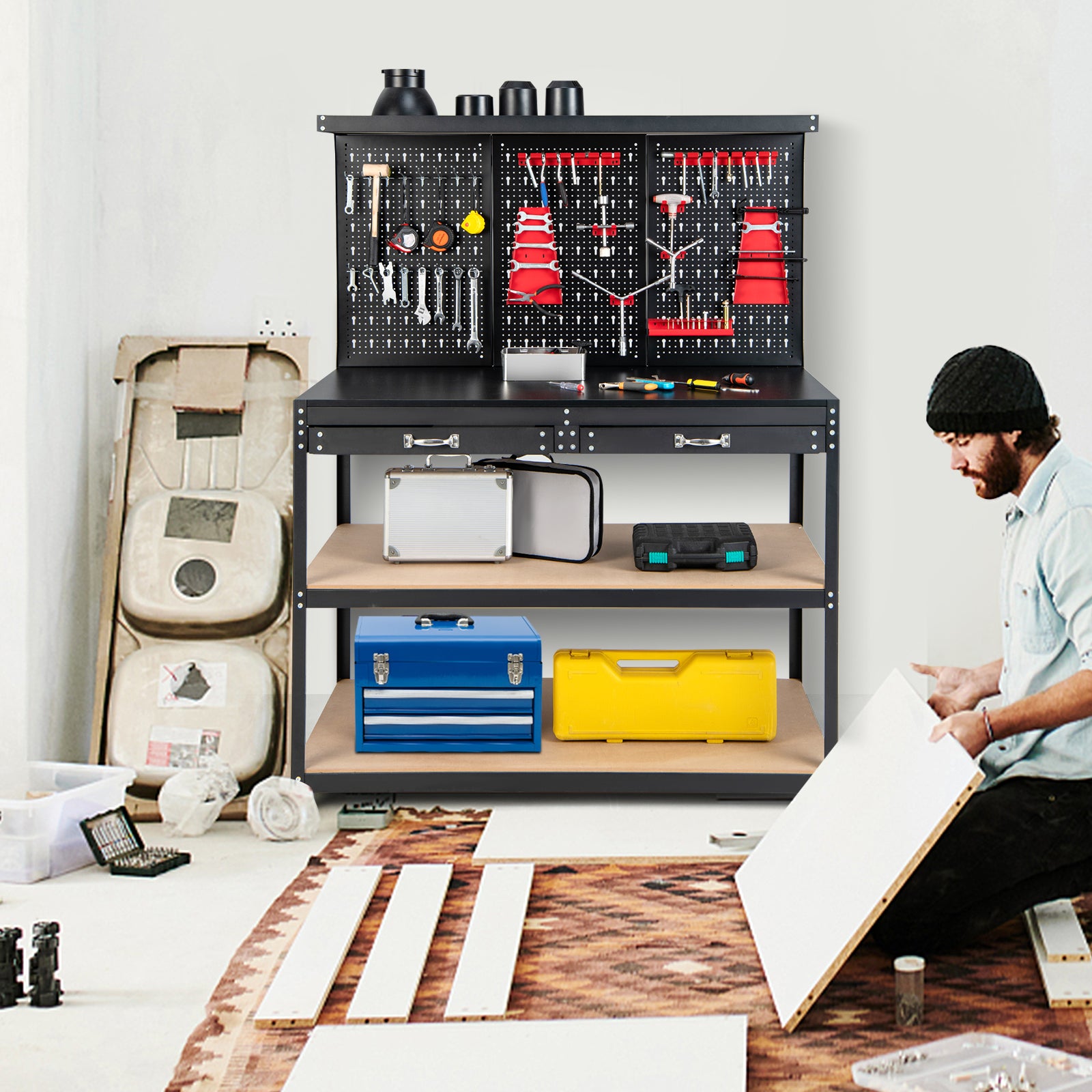 Bancada de trabalho para oficina de garagem com prateleiras e gavetas Painéis perfurados, mesa de trabalho de estrutura metálica com 25 suport - 8