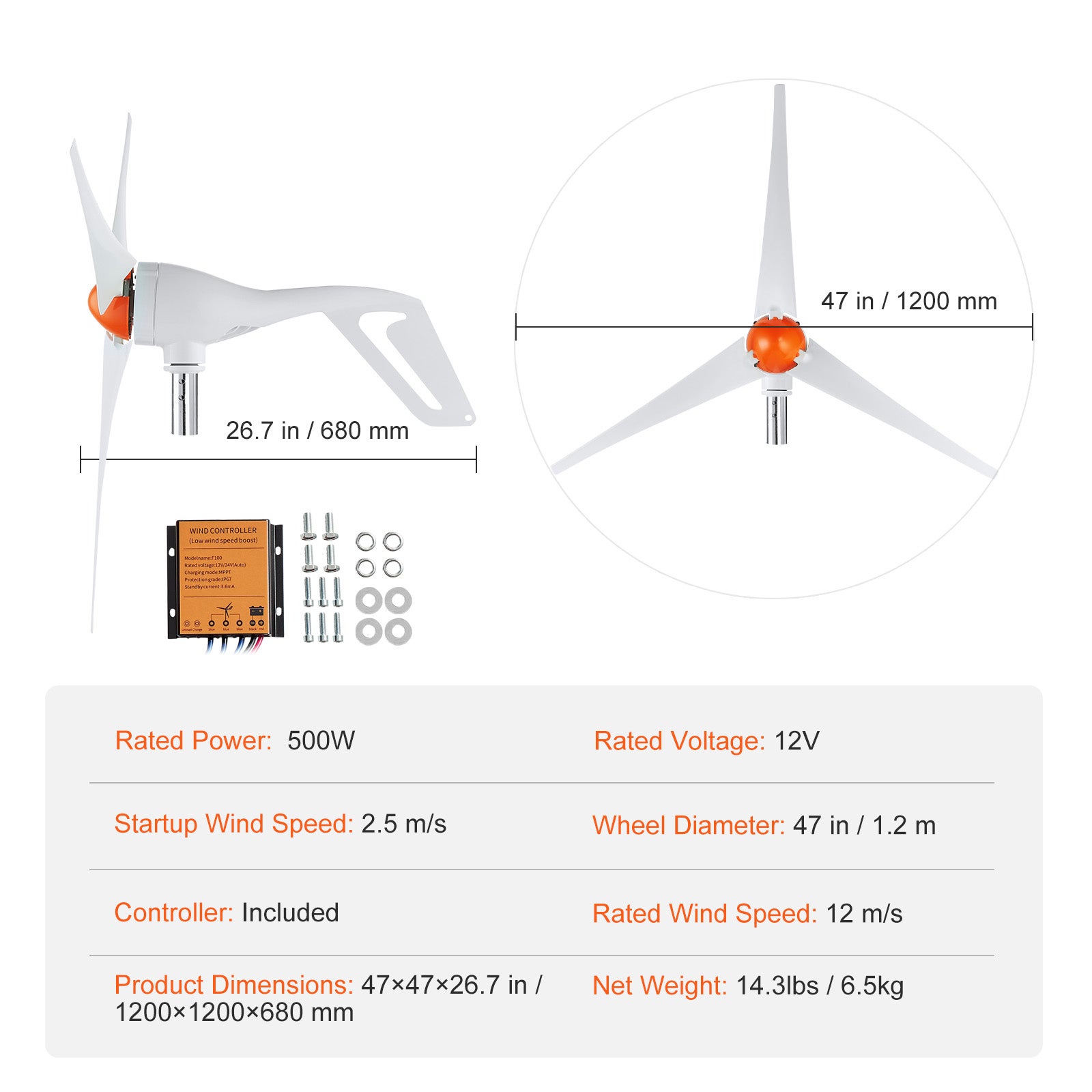 Kit gerador eólico de 500 W: 12 V, 3 pás com controlador MPPT e direção do vento ajustável de 2,5 m/s SucceBuy - 9