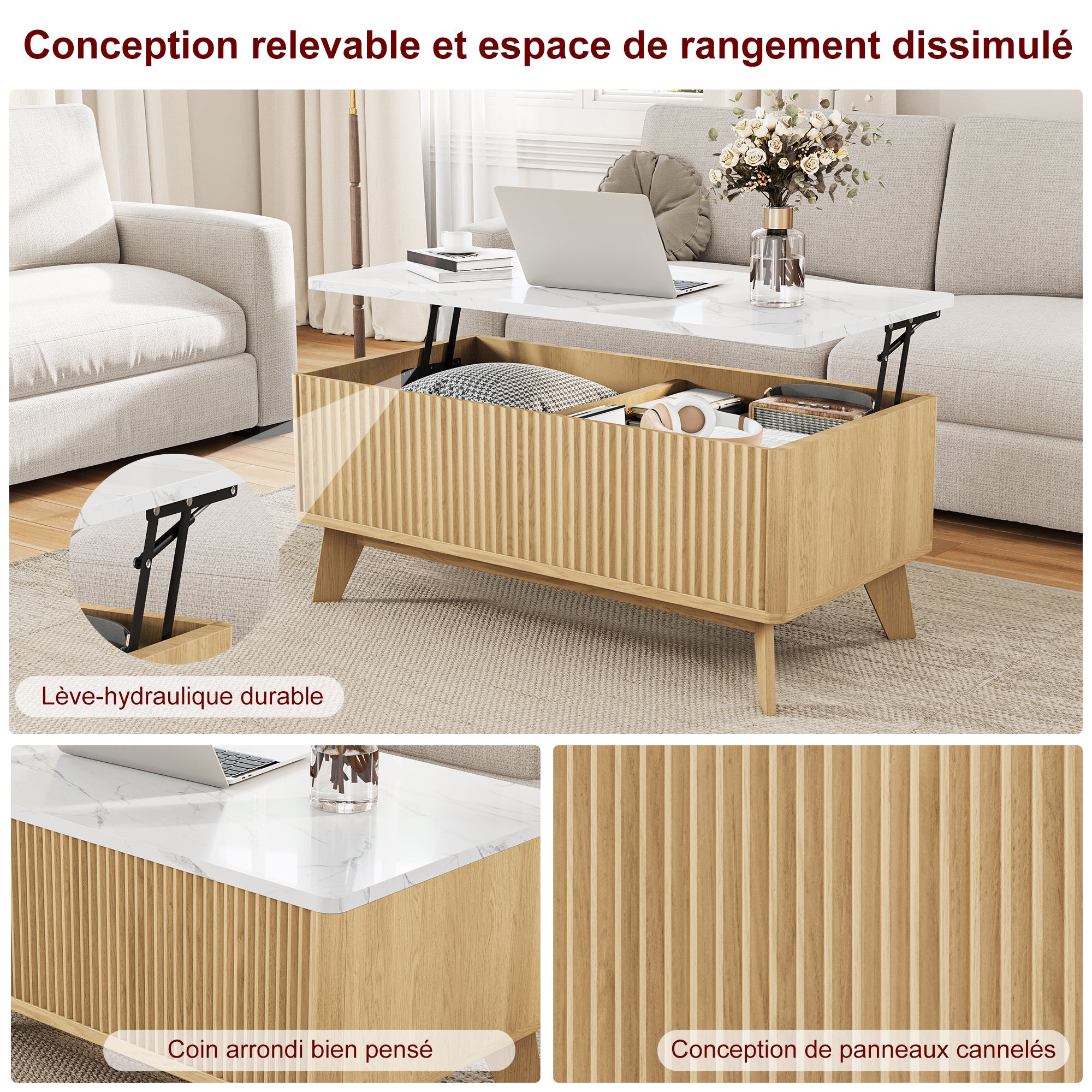 Table Basse Relevable 105x53x42cm, Style Scandinave, Table de Salon avec Comptoir Imitation Marbre et Pieds en Bois Massif, Naturel - 8