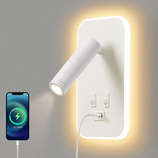 Kinkiet wewnętrzny LED, lampka nocna, z włącznikiem, z portem USB, 13W, biały