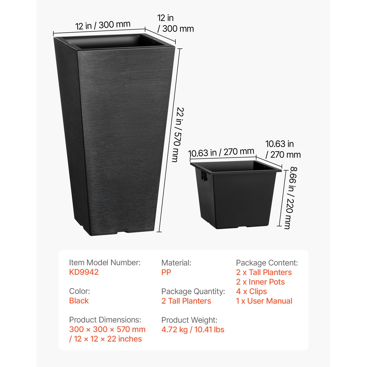 Ensemble de 2 jardinières SucceBuy d’extérieur 55 cm, carrées coniques noires avec drainage intégré, design moderne - 9