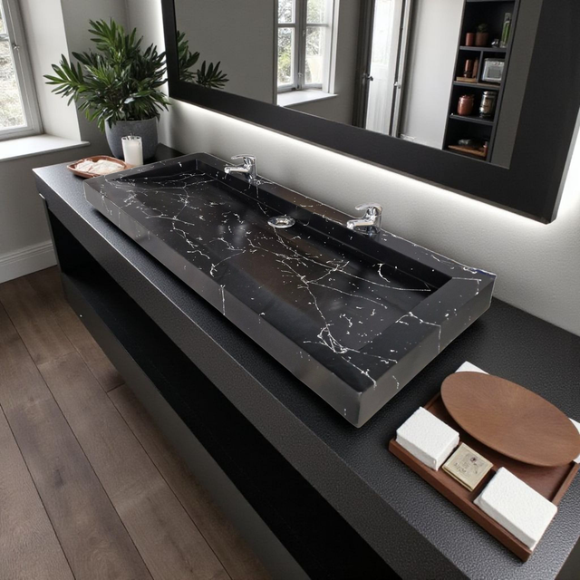 Plan double vasque noir effet marbre 120x47x8 édition céleste en béton fibré cimenté , fabriqué artisanalement en France par Gakeal