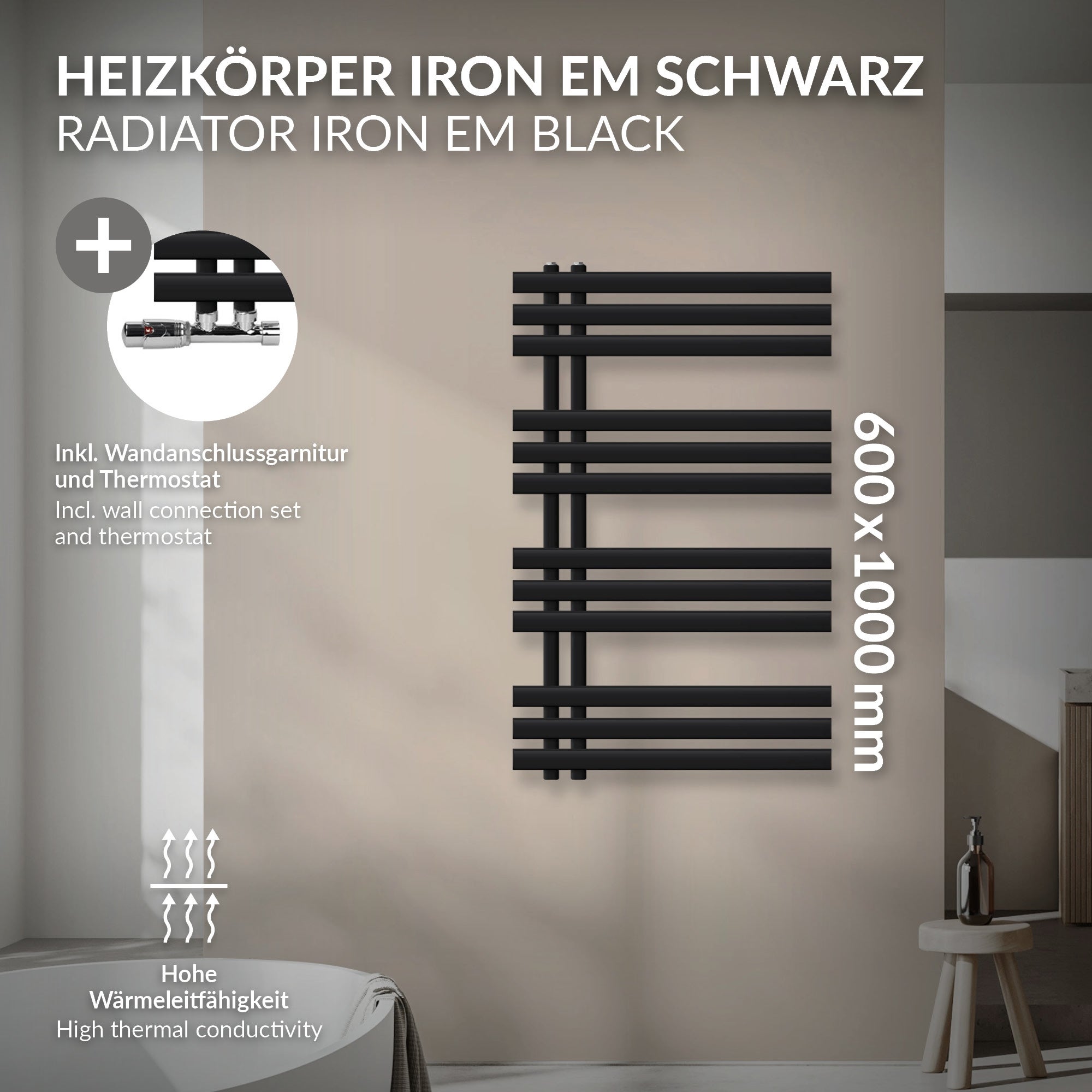 Radiatore EM in ferro Radiatore per asciugamani Radiatore da bagno Nero 600x1000 - 3