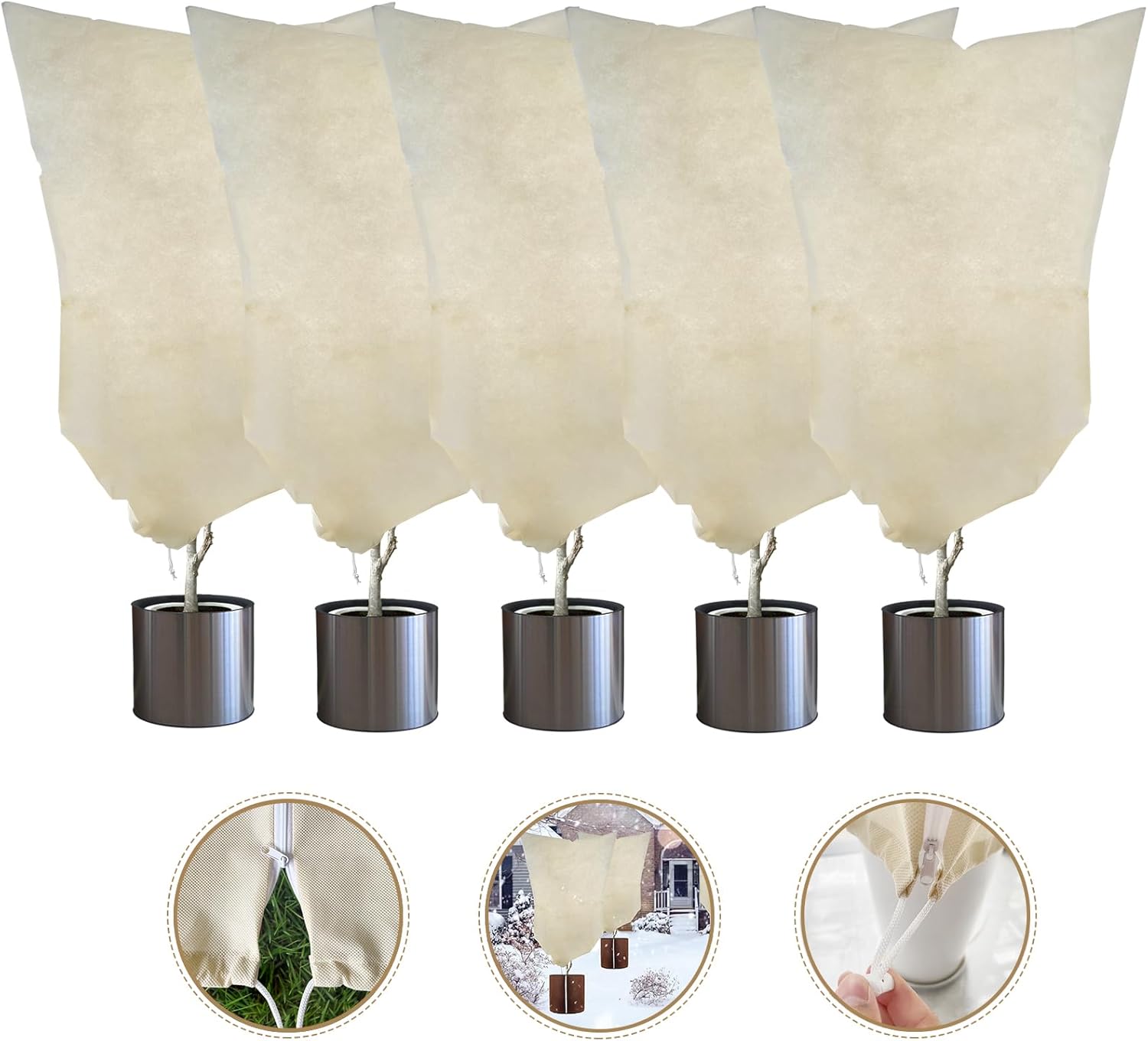 Osłony na rośliny zimowe - ze ściągaczem i zamkiem błyskawicznym - do ochrony roślin zimą - zestaw 5 sztuk, żółte, 100 x 120 cm