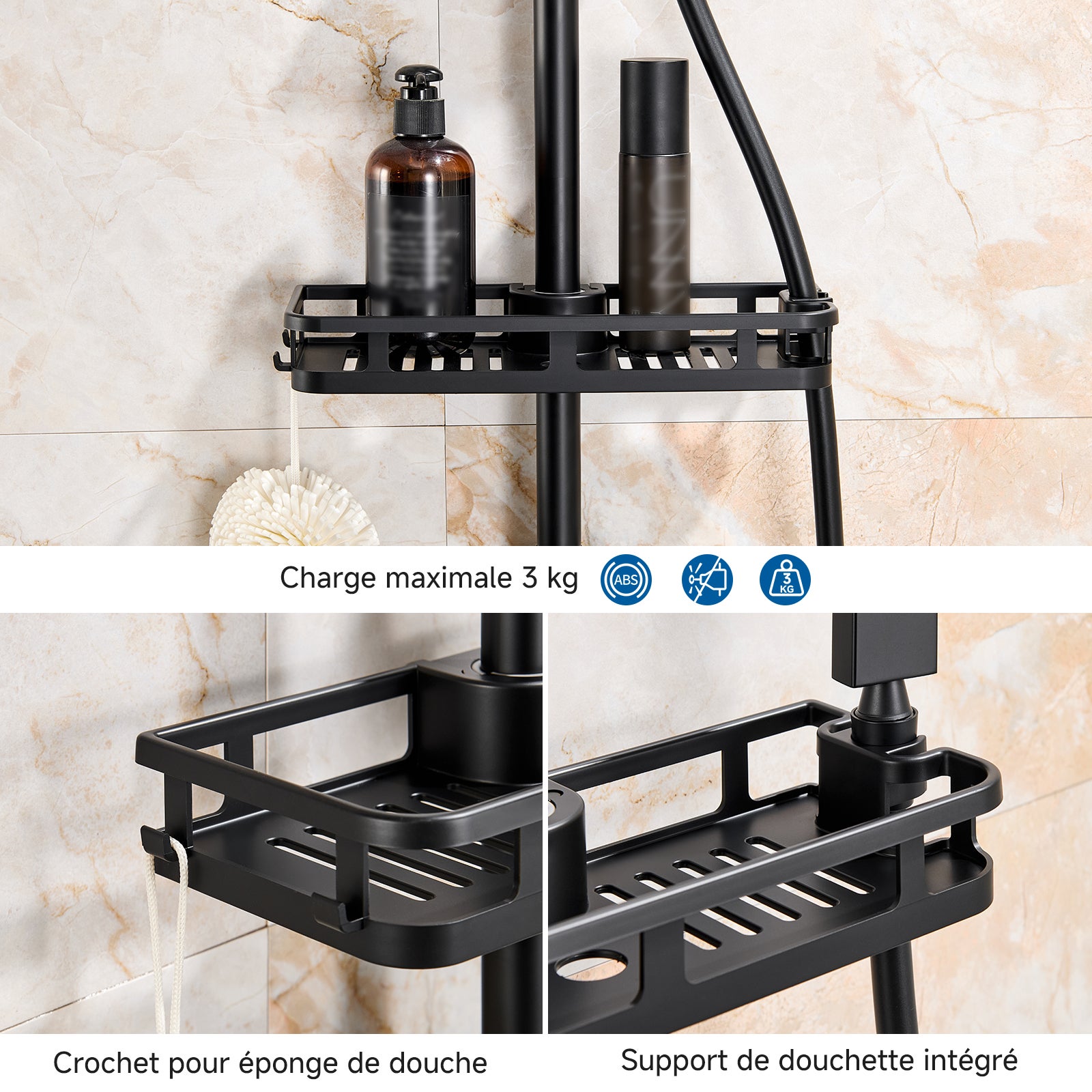 Auralum Max Colonne Douche Sans Mitigeur Noire,Tête Carrée 25×25 cm,Hauteur Réglable 72-110cm,Douchette Main,Étagère Sans Perçage/Flexible 1,5 m - 3