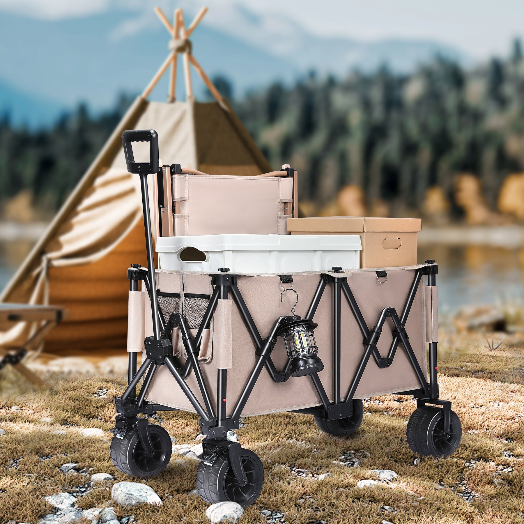 TOREAD Chariot Pliable Tout-Terrain 150L 175kg – Avec Freins, Toit Amovible Anti-UV, Roues XL, Idéal Plage, Camping, Jardin, Courses & Pêche