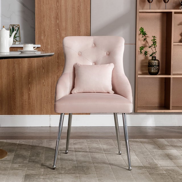 Sedia da pranzo - Poltrona imbottita con bottoni - Gambe in metallo - Rosa