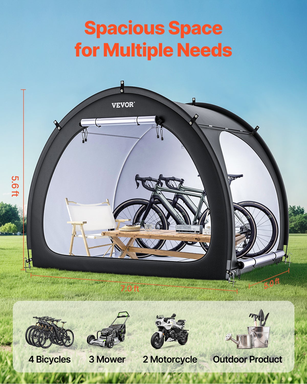 Abri à vélos VEVOR 4–5 vélos Tente Oxford 210D, Ouvertures latérales doubles (2 panneaux, fermetures éclair + velcro), Poteaux fibre de verre - 2
