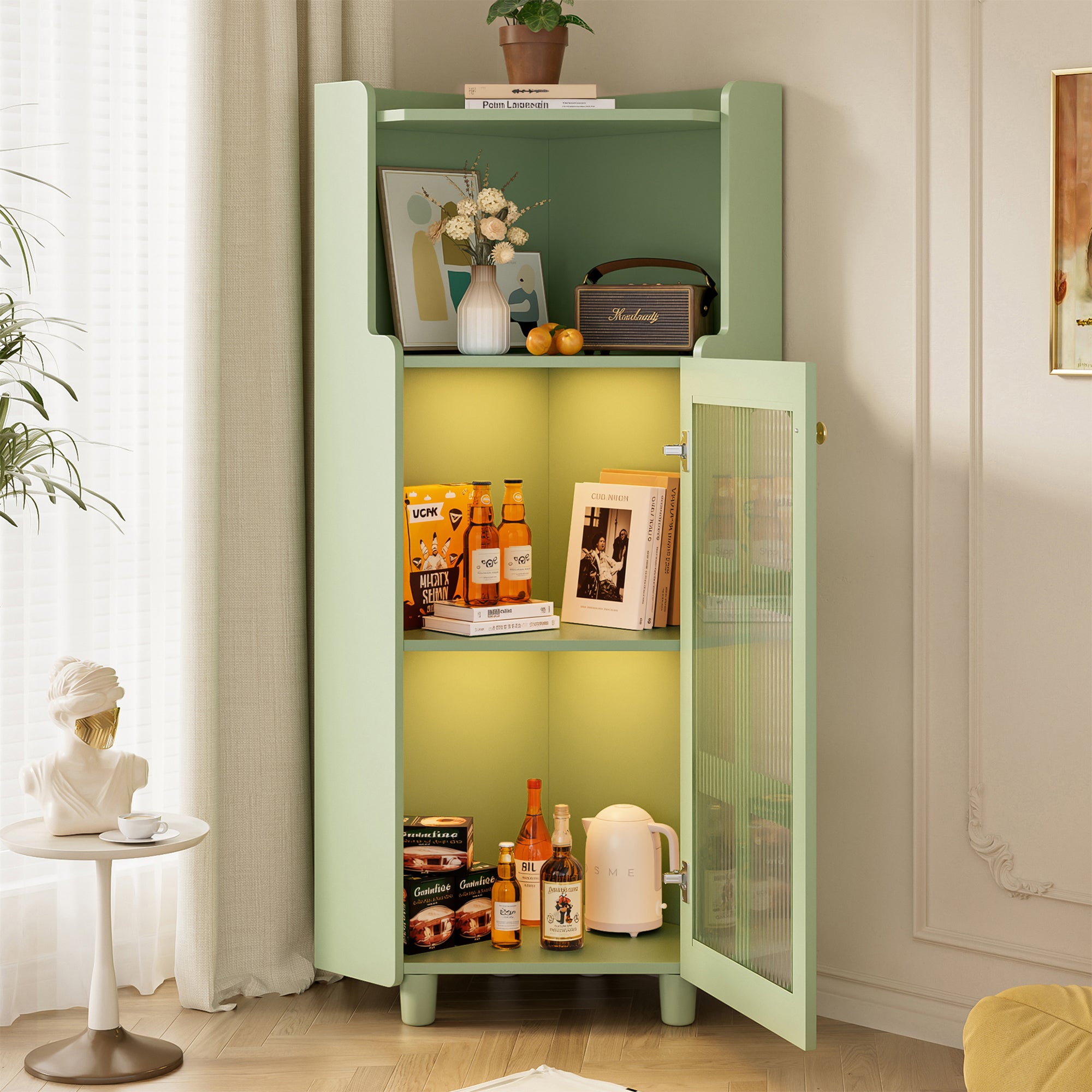 Narożna szafka łazienkowa z 1 drzwiami szklanymi i 1 otwartą przegrodą - 63,5 x 45 x 124 cm - MDF - diody LED - kolor zielony