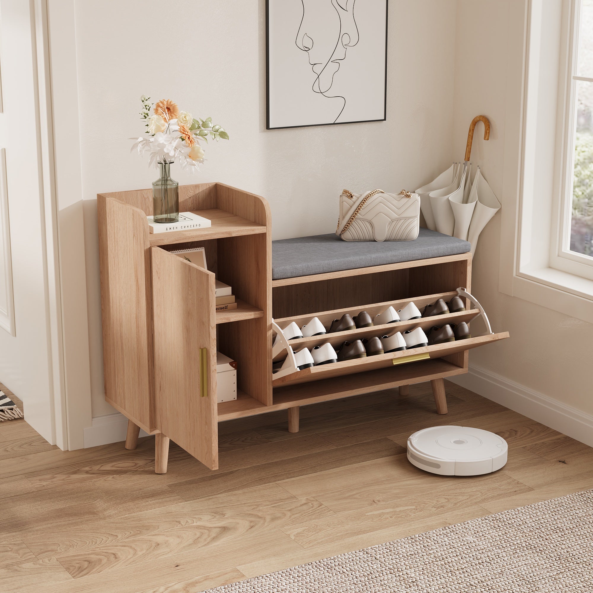 Meuble à chaussures multifonctionnelle,Rangement 2 étages réglables avec coussin amovible,Pieds en bois massif,Style scandinave,100x35x69,5,Naturel - 2