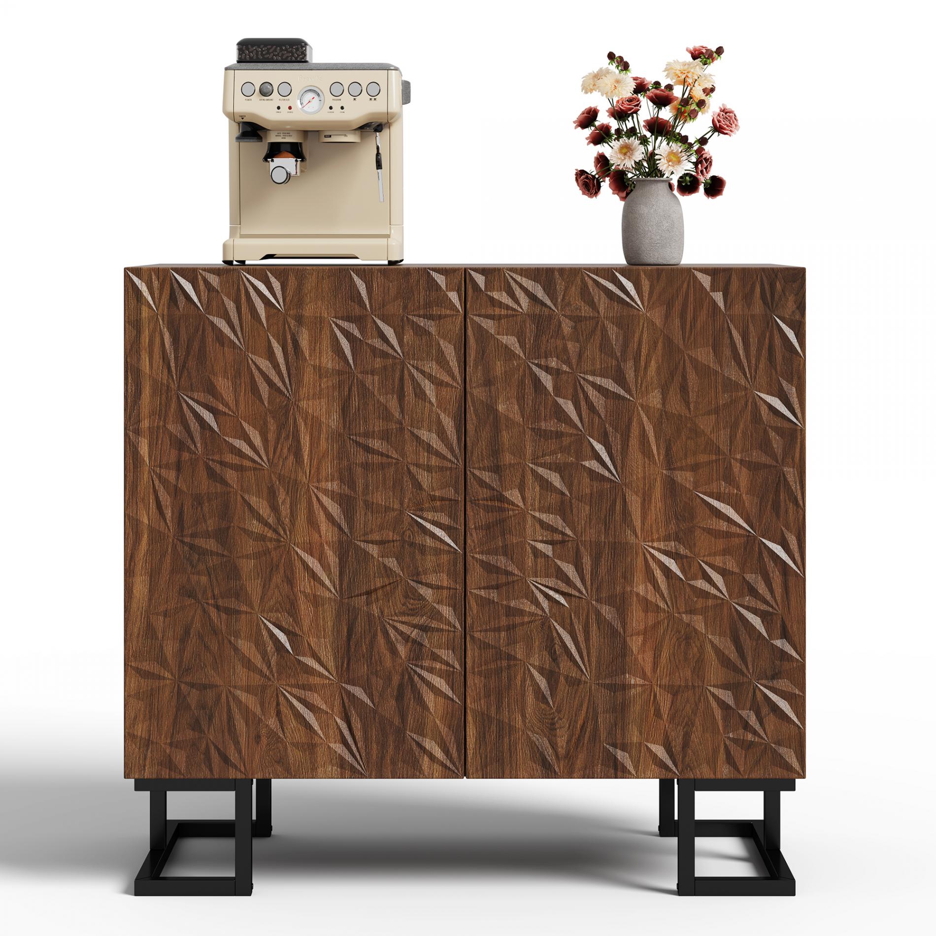 Credenza moderna 'Blattpoesie' 80x40x78 cm Noce scuro, gambe in metallo, rilievo delle ante, apertura a pressione - 6