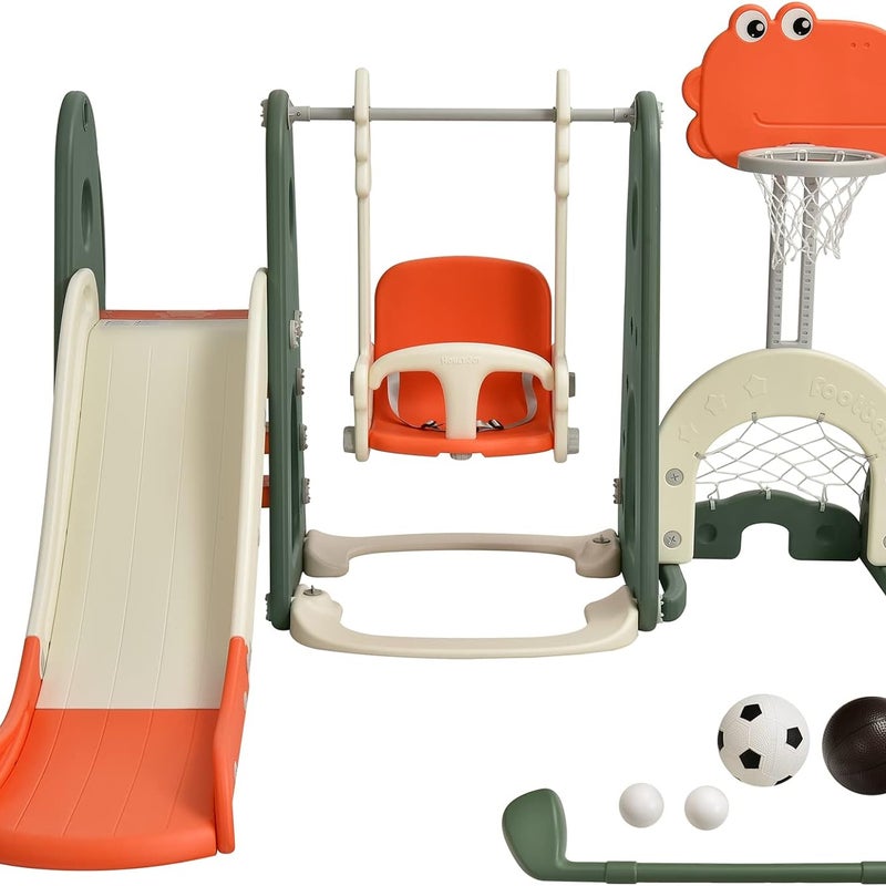Plac zabaw dla dzieci 6 w 1, zjeżdżalnia i huśtawka, kosz do koszykówki, drabina,huśtawka ogrodowa, huśtawka dla dzieci, (pomarańczowa)