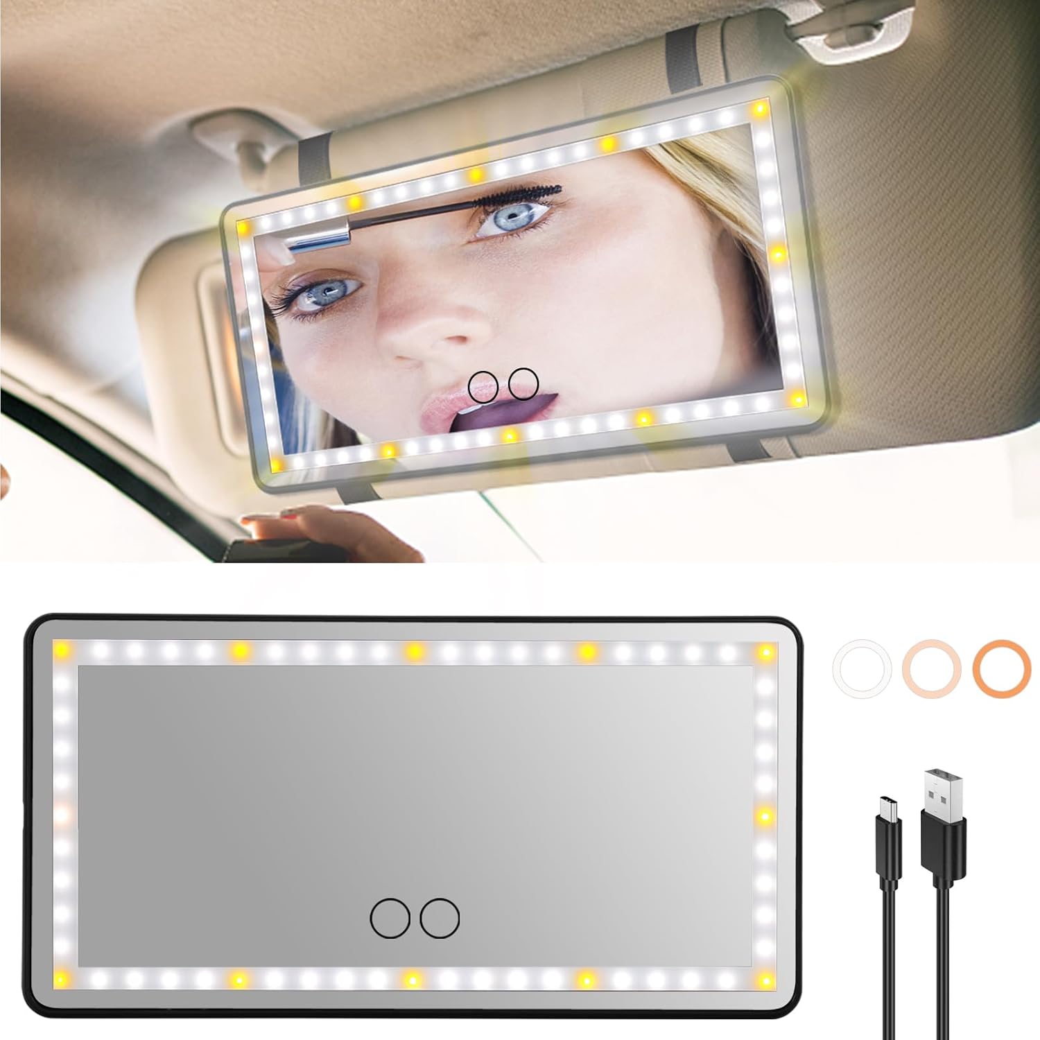 Miroir De Maquillage LED Pour Pare-soleil De Voiture | 3 Modes D'éclairage, 60 LEDs, Rechargeable USB, Facile à Installer
