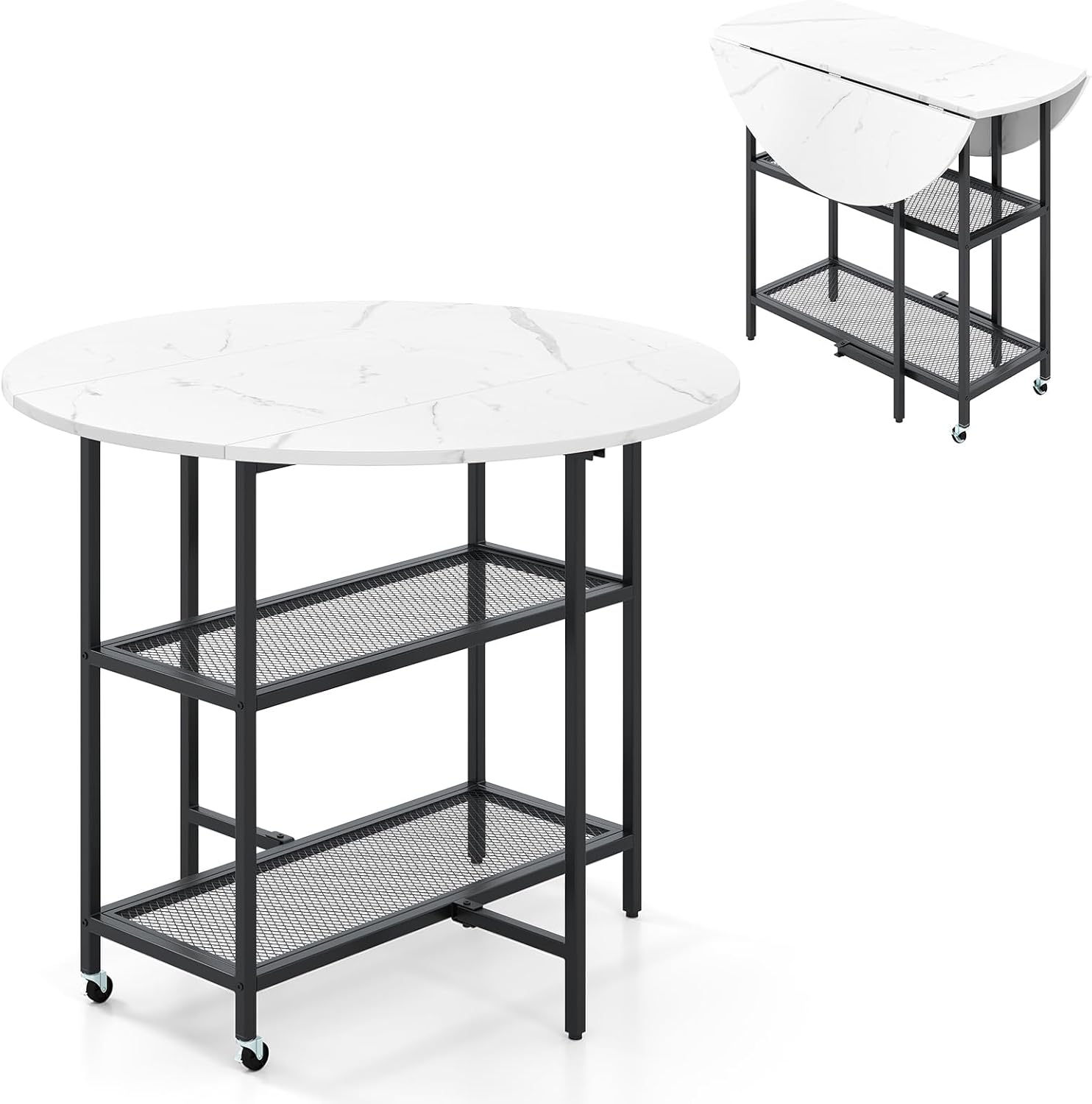 Składany Okrągły Stół do Jadalni, dla 2–4 Osób, Stół do Jadalni z 2 Kółkami, Składany Stół Kuchenny z 2 Półkami