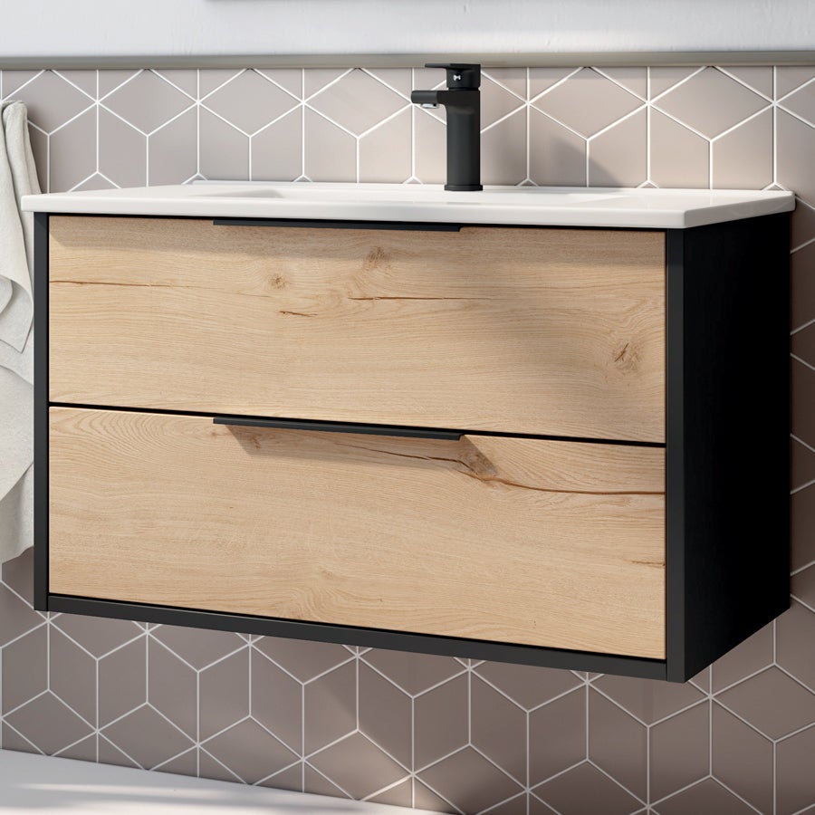 Meuble de salle de bain 80cm simple vasque - 2 tiroirs - ALBA - noir/roble - 2