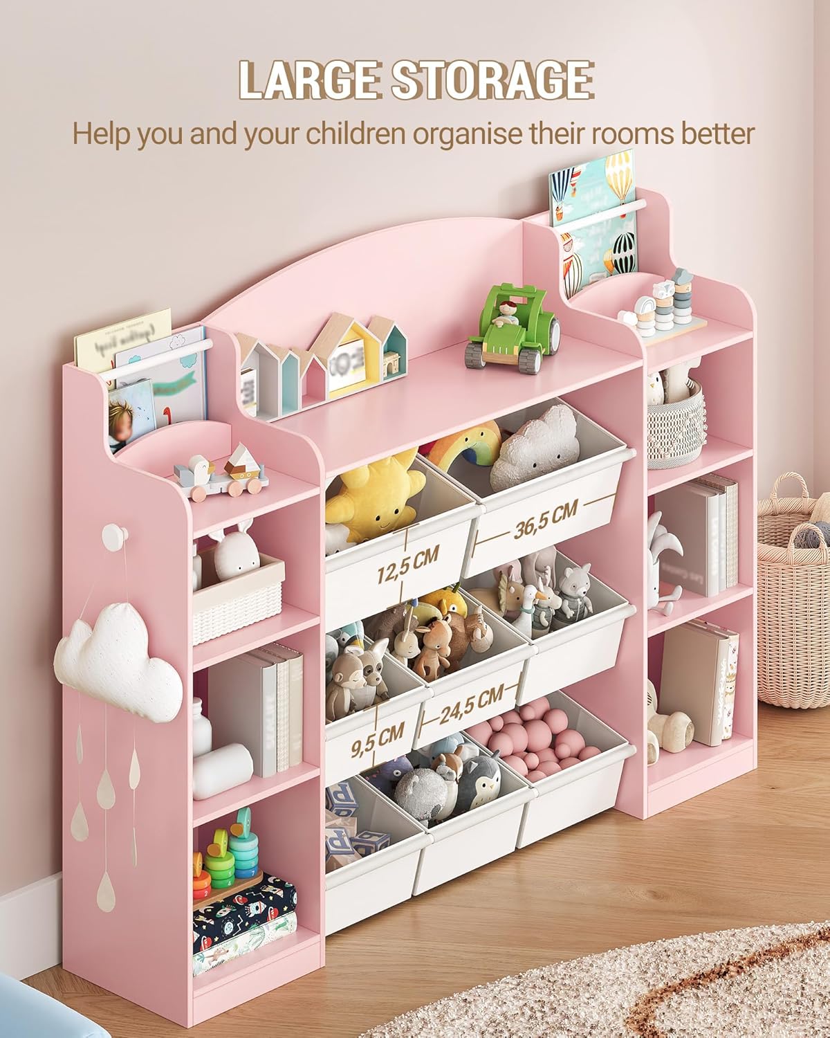 Estante Infantil em Madeira com 8 Caixas em Tecido Não Tecido,Organizador de Brinquedos para Quarto Infantil, Sala de Estar ou Espaço de Estudo,Rosa - 6