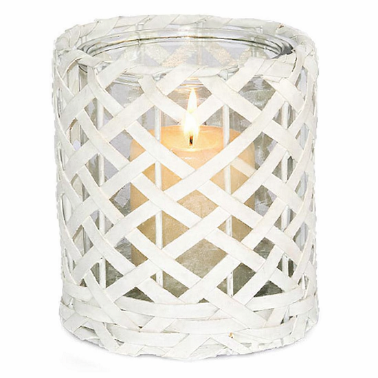 Portavelas redondo blanco grande de mimbre, 11,5 diam. x h16 cm, Tarro de cristal 10 diam x h15cm - 2