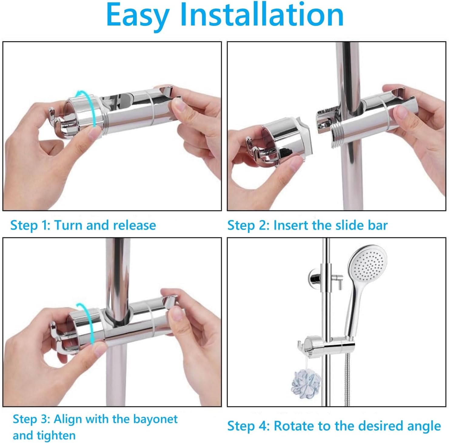 Support de pommeau de douche avec 2 crochets, support de douche à main, réglable à 360°, double antidérapant, facile à installer, argent - 6