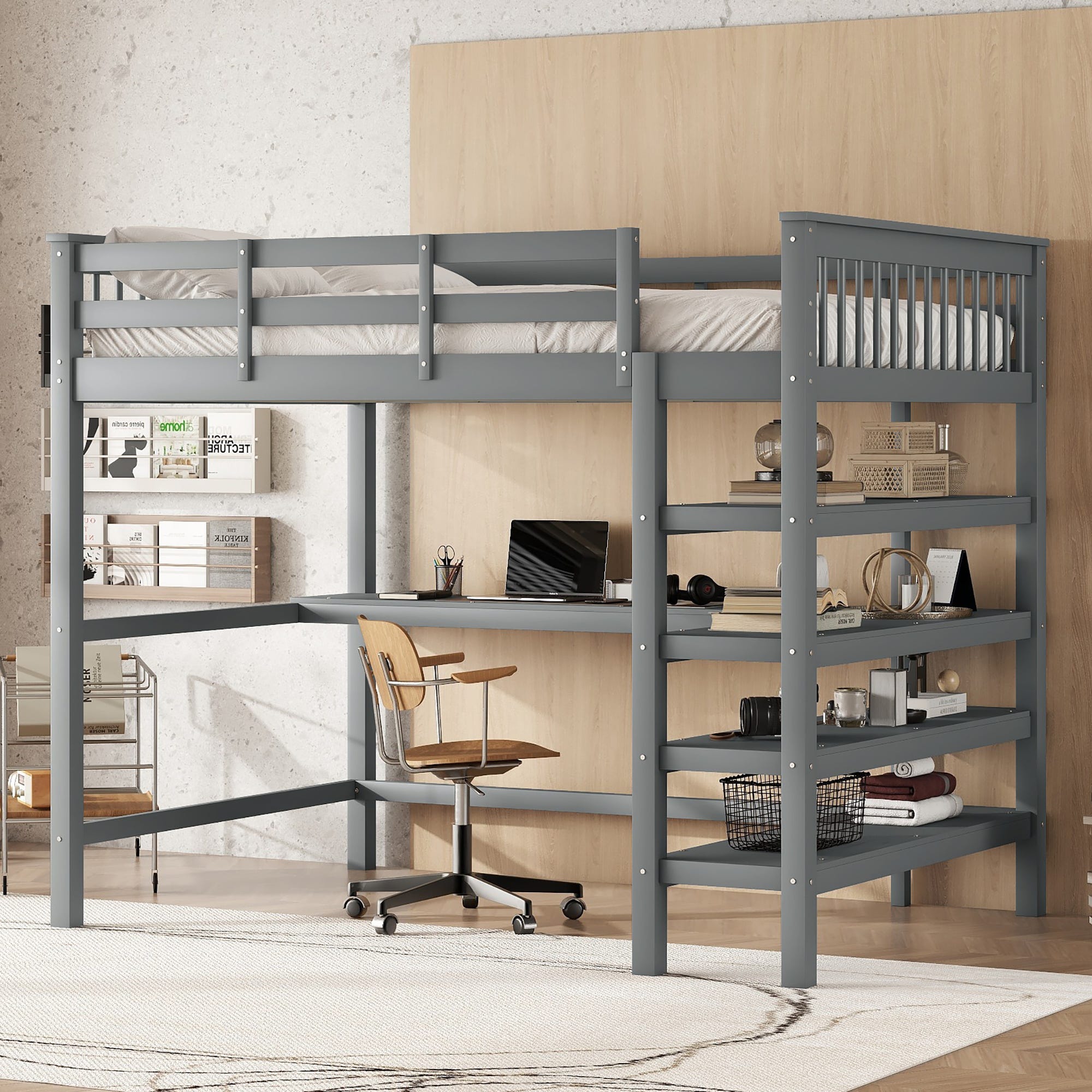 Lit Mezzanine 1 Place Adulte 90x200cm Avec Bureau et Étagères, Cadre en Lit Mezzanine 1 Place Adulte 90x200cm Avec Bureau et Étagères, Cadre en