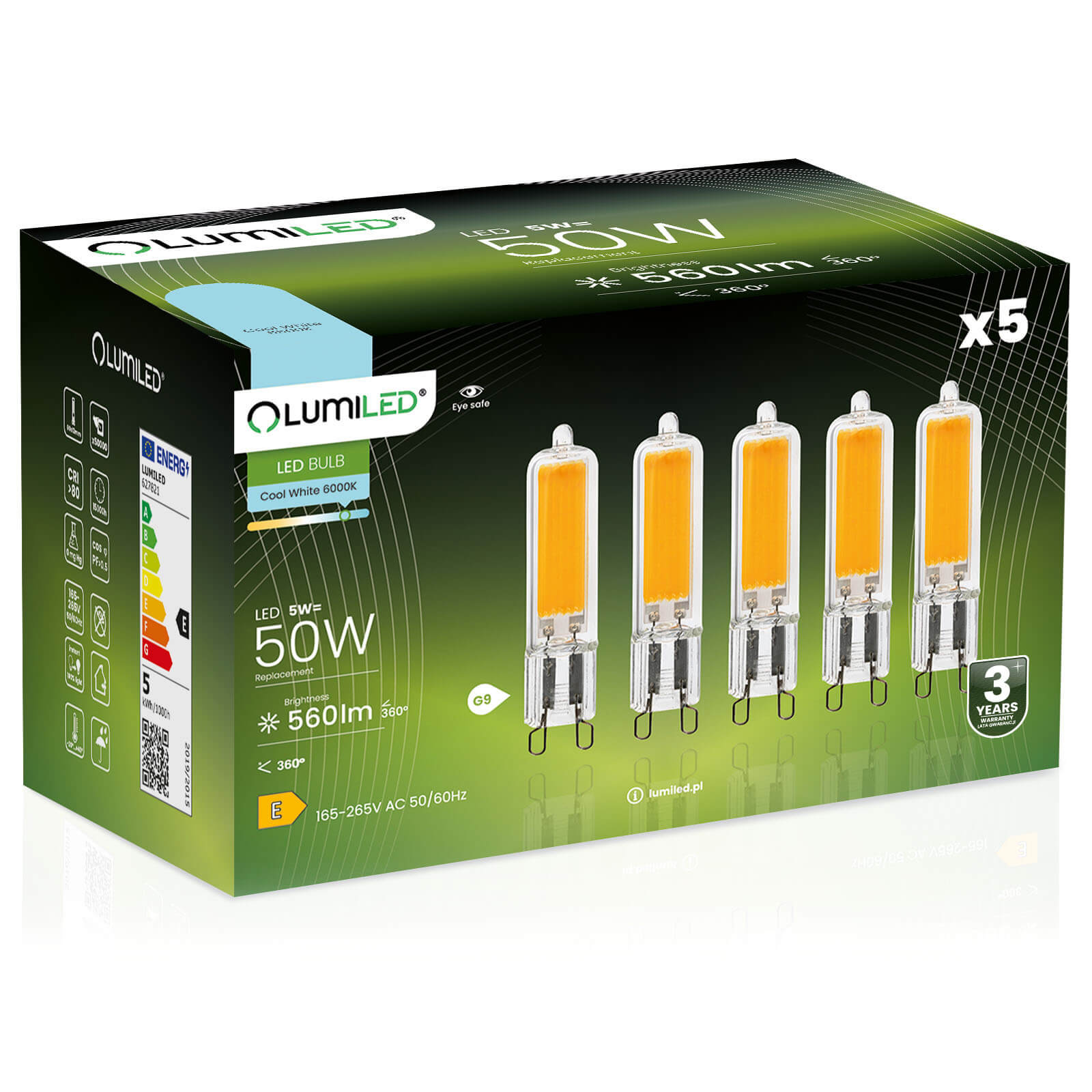 5x Żarówka Lumiled LED G9 Kapsułka 5W = 50W 560lm 6500K Zimna 360st Filament