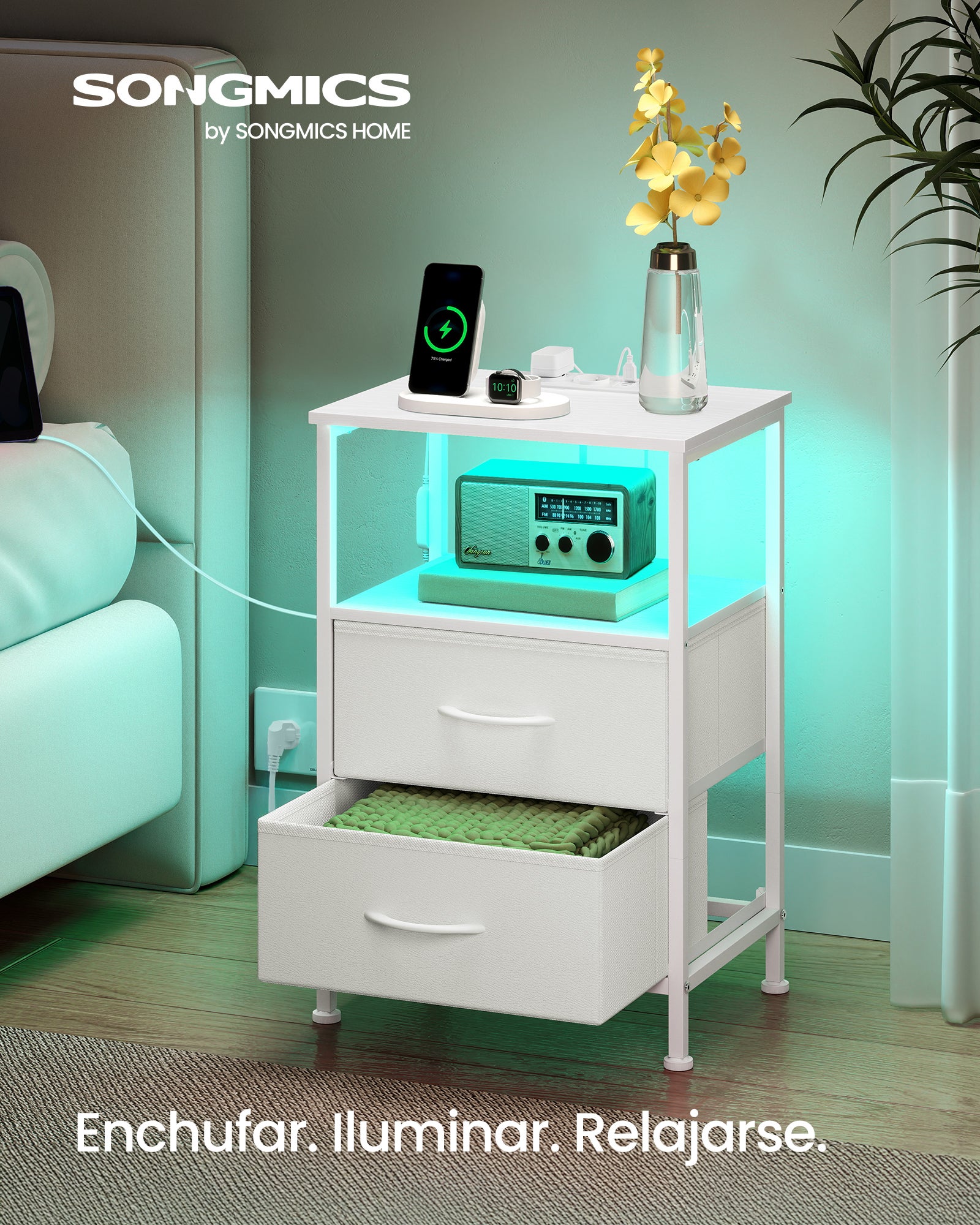 BELLAH–Mesita de Noche con Estación de Carga,Mesa Auxiliar con Luz LED Ajustable Controlada por APP,1 Estante y 2 Cajones,Blanco Nube y Blanco Nieve - 2
