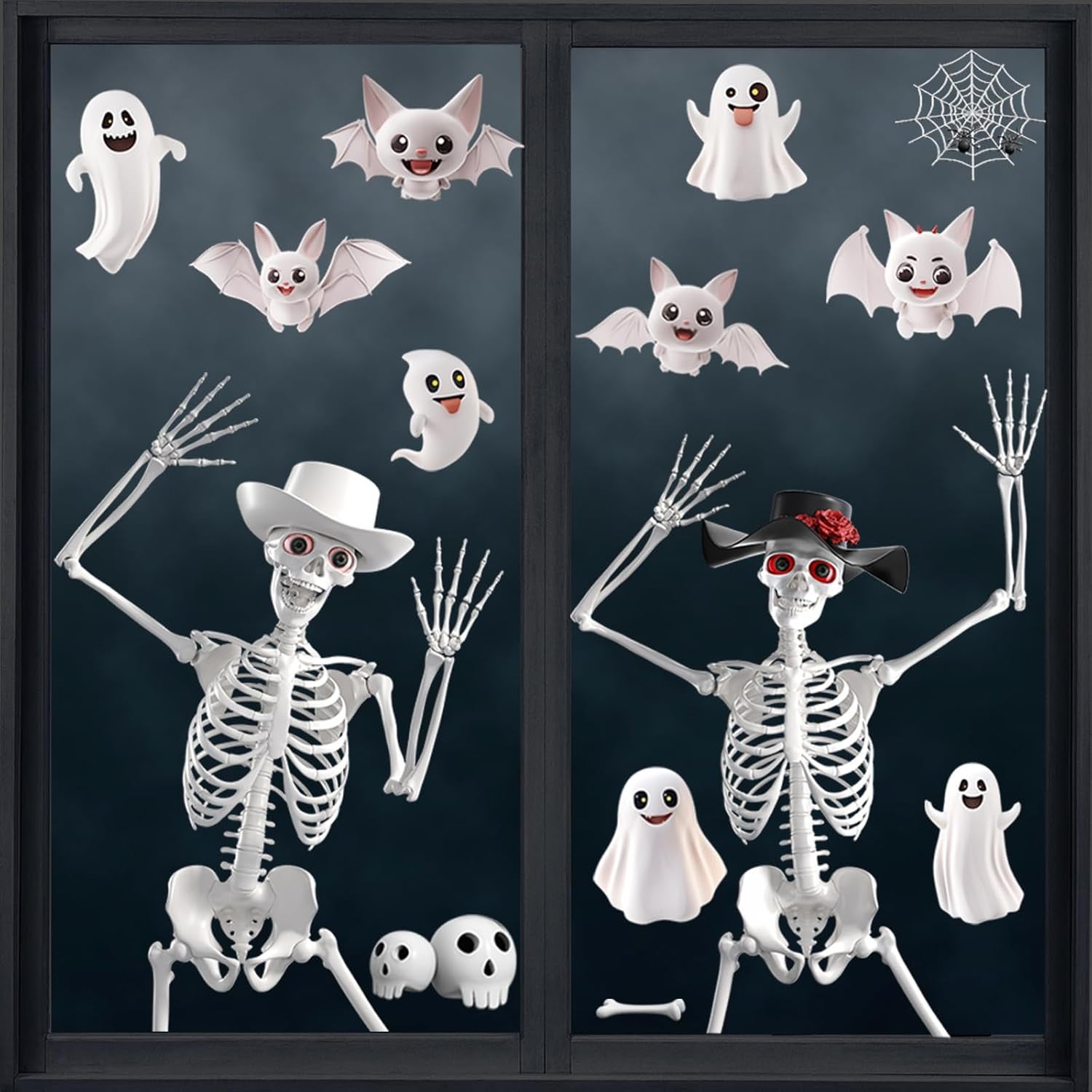 60 Feuilles Stickers Fenêtre Halloween 3D Extra-Larges, Fantômes Chauves-souris et Squelettes, Déco Vitre Maison Magasin Fête Halloween - 4