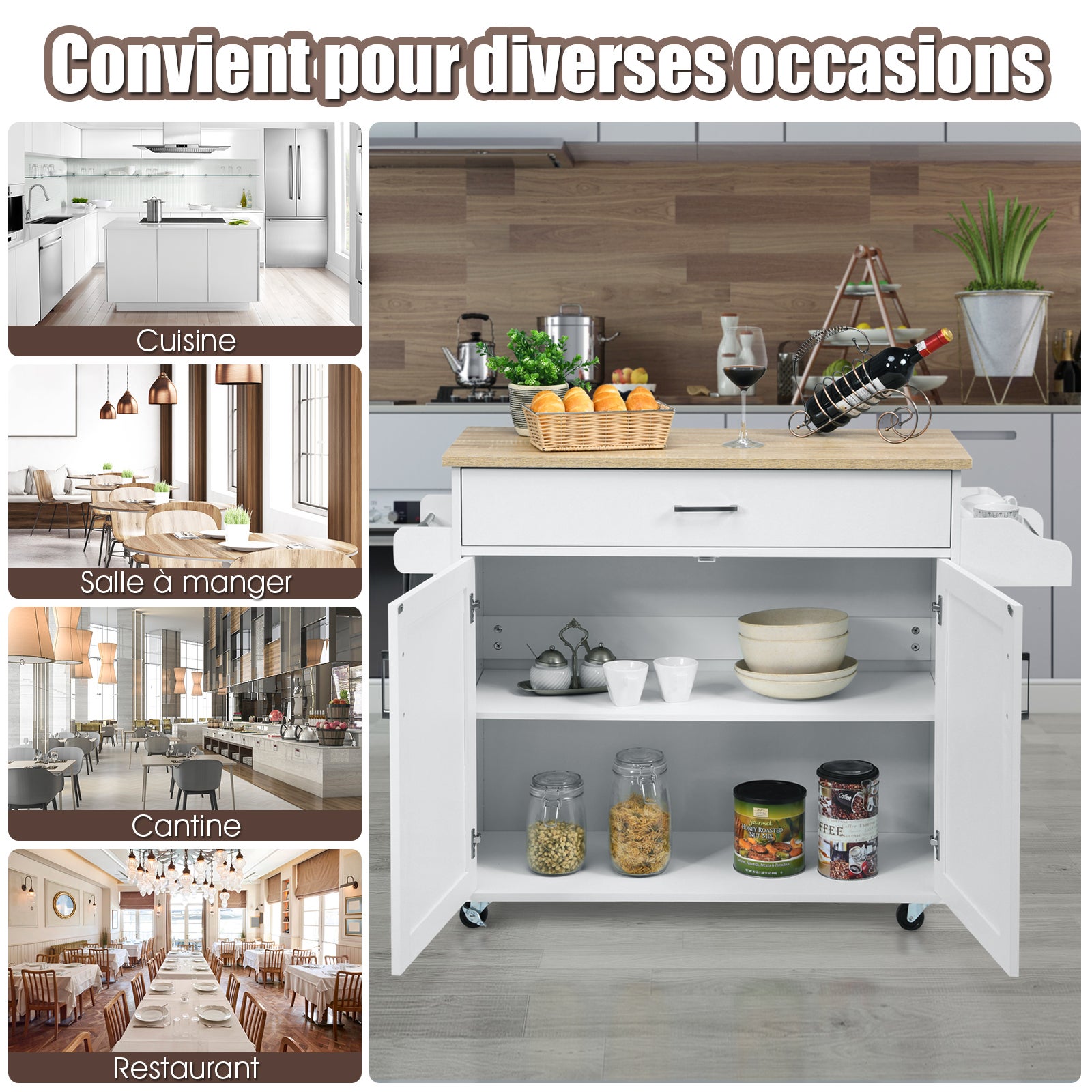 Wózek kuchenny z wieszakiem na ręczniki i półką na przyprawy, wyspa kuchenna z szufladą i półką z regulacją wysokości, szafka kuchenna na kółkach - 8