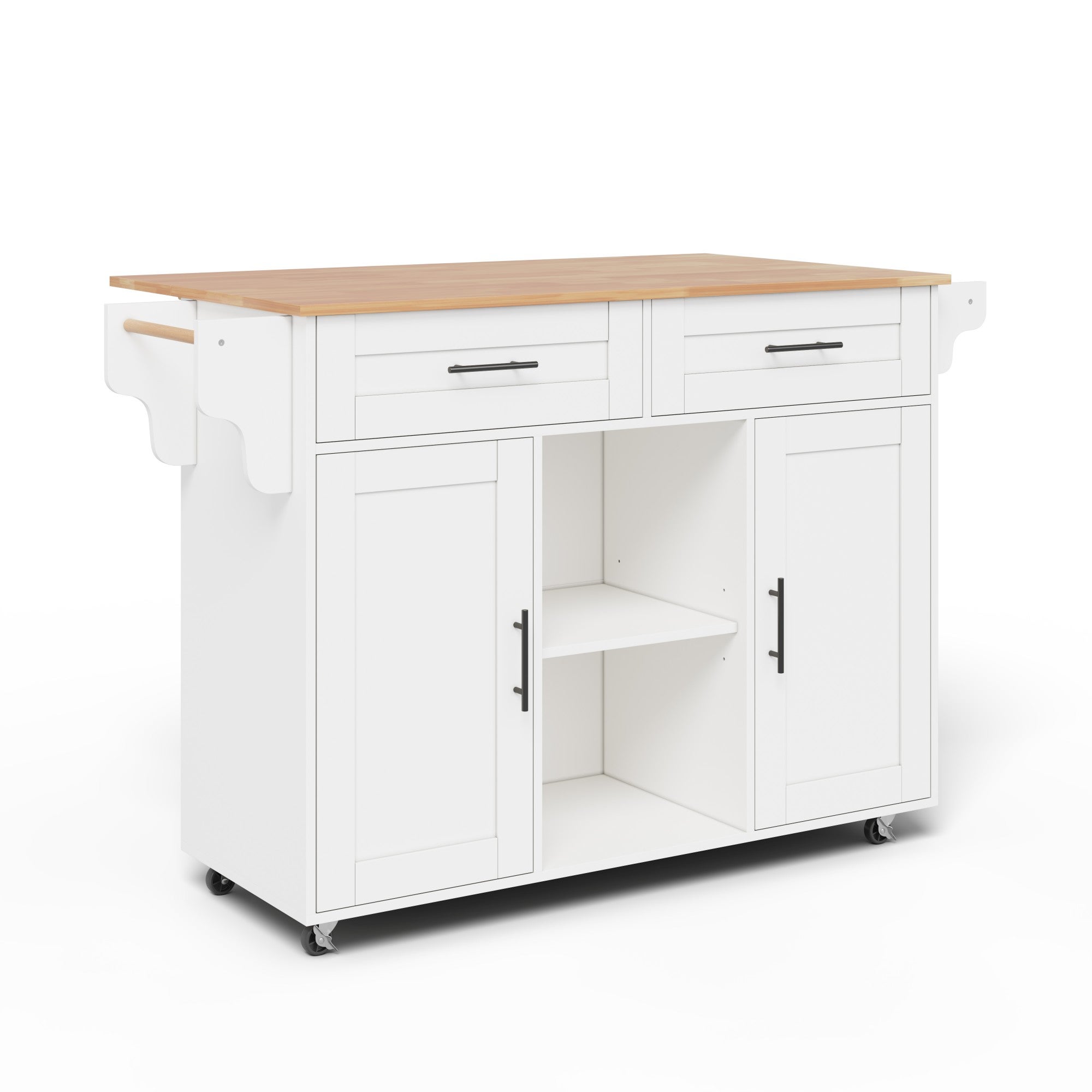Ilot central de cuisine mobile 145 x 45 x 94,5 cm, Plateau extensible 70 cm,&nbsp;chariot multifonction avec 2 tiroir et 2 porte, porte-serviettes, Blanc - 7