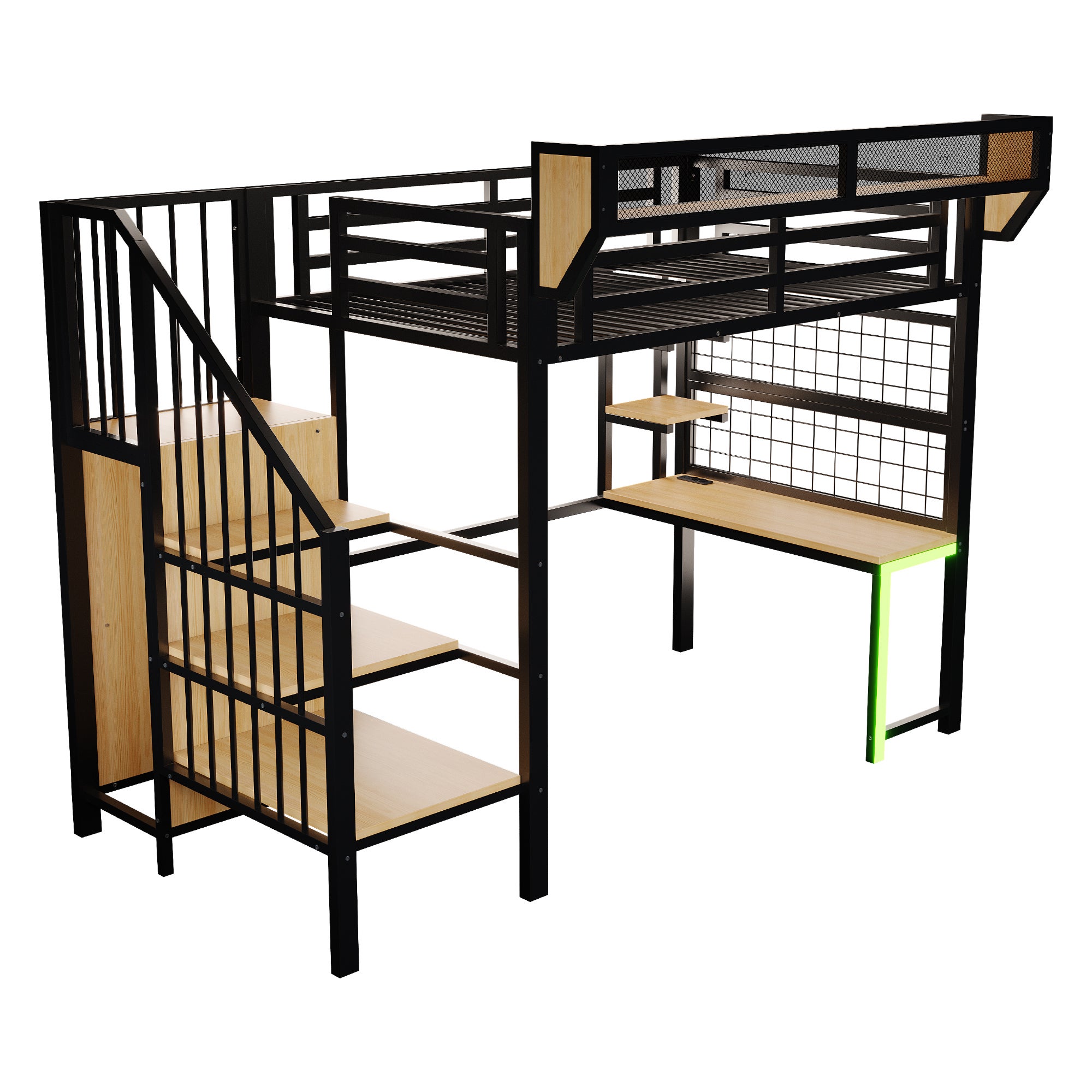 Lit Mezzanine en Métal 90x200 cm avec Bureau, Armoire et Échelle de Rangement, Lit superposé avec LED et Prises, Lit enfant Noir, Sans matelas - 7