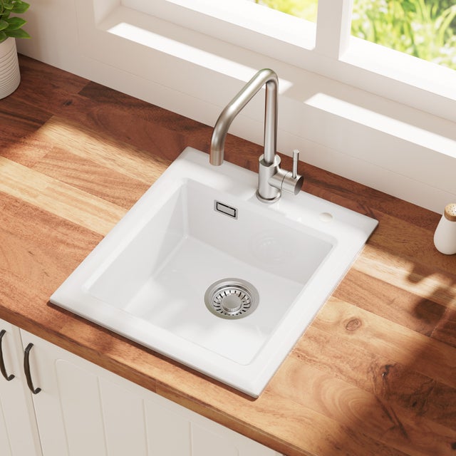 CECIPA MAX Evier de cuisine en Ceramique 45*50cm, Evier a Encastre Blanc, Eveir 1 Bac Kit de Vidage