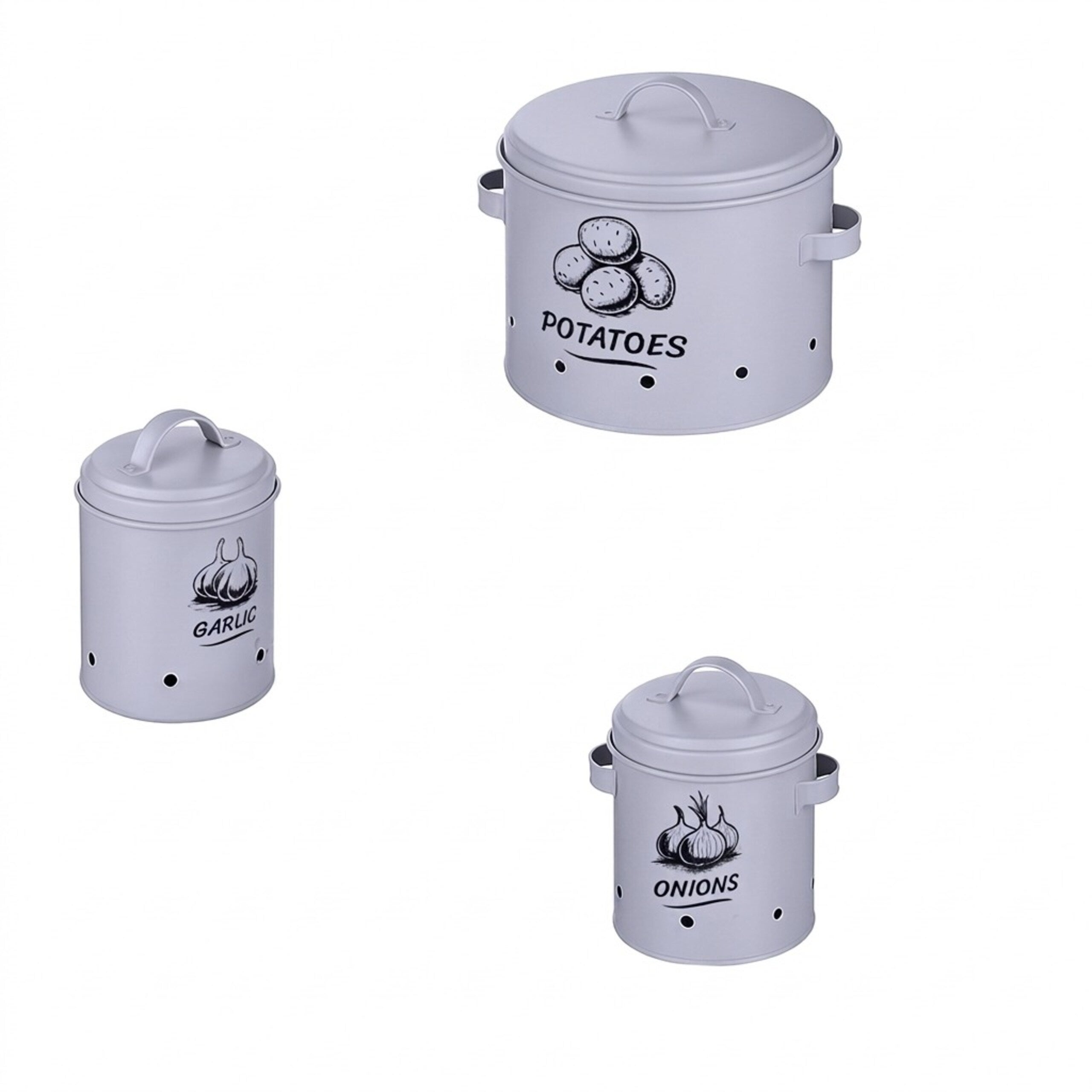 Set de 3 cajas para patatas, cebollas y ajos, de metal gris, con tapas y orificios, Relaxdays - 7