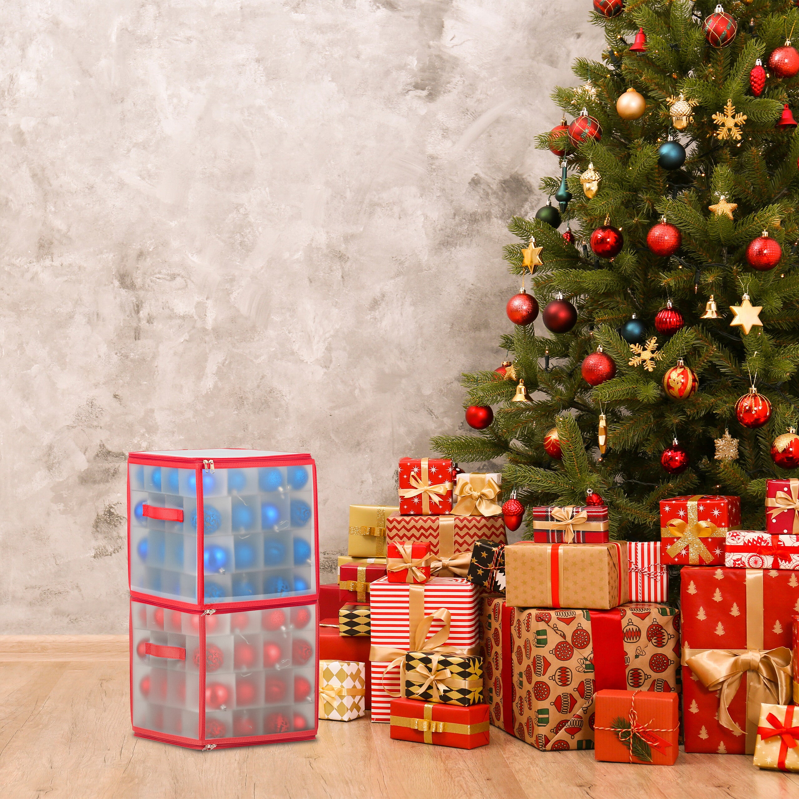2 x boîtes de rangement pour boules de Noël, 64 compartiments, H x L x P : 31 x 30 x 30 cm, transparent/rouge - 2