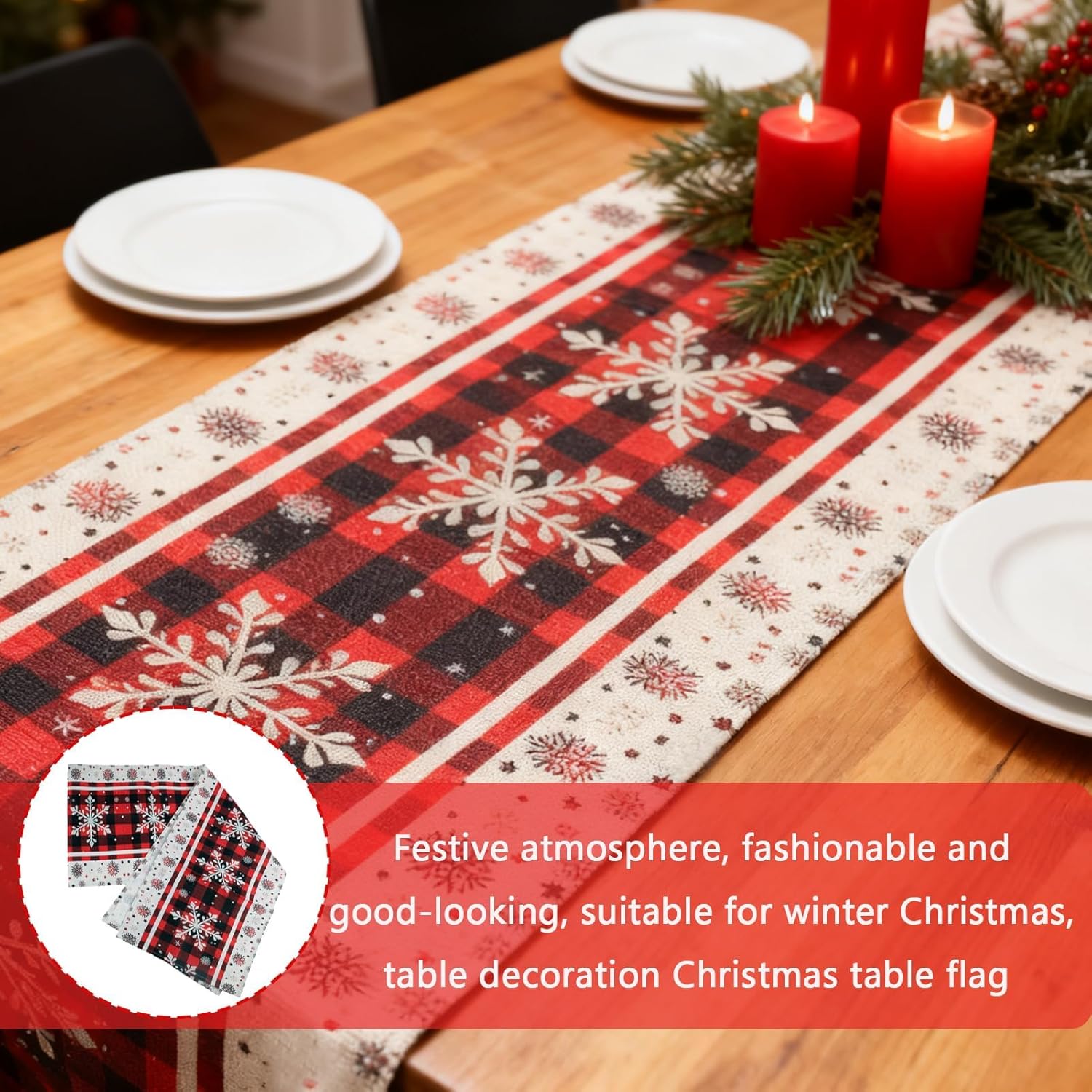 Runner da tavola natalizio rosso, 33 x 120 cm, misto lino e cotone, motivo a fiocco di neve – rosso - 6