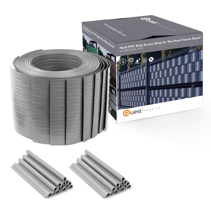 QUEST Taśma ogrodzeniowa PCV 19cm, listwa do ogrodzeń panelowych premium, 900 g/m2, RAL 7040, szary, 10 x 2,525 + 20 x klipsy