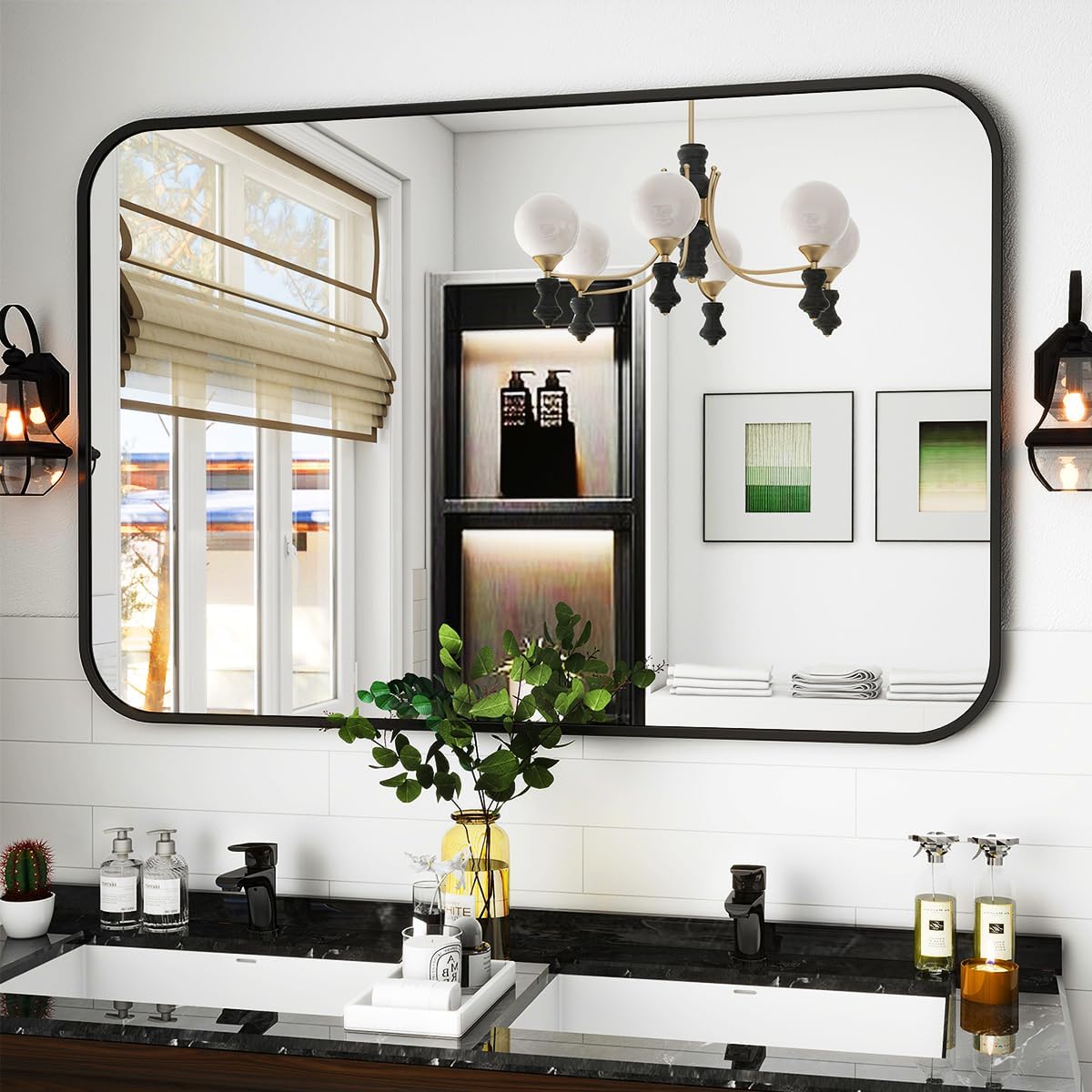 SUNXURY Grand Miroir Rond 90cm Noir - Miroir Mural HD Pour Maquillage Et Décoration - Montage Facile