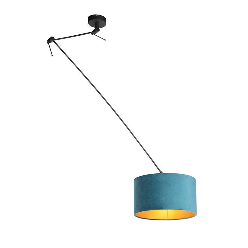 Lampa wisząca czarna z niebieskim aksamitnym kloszem ze złotem 35 cm - Blitz